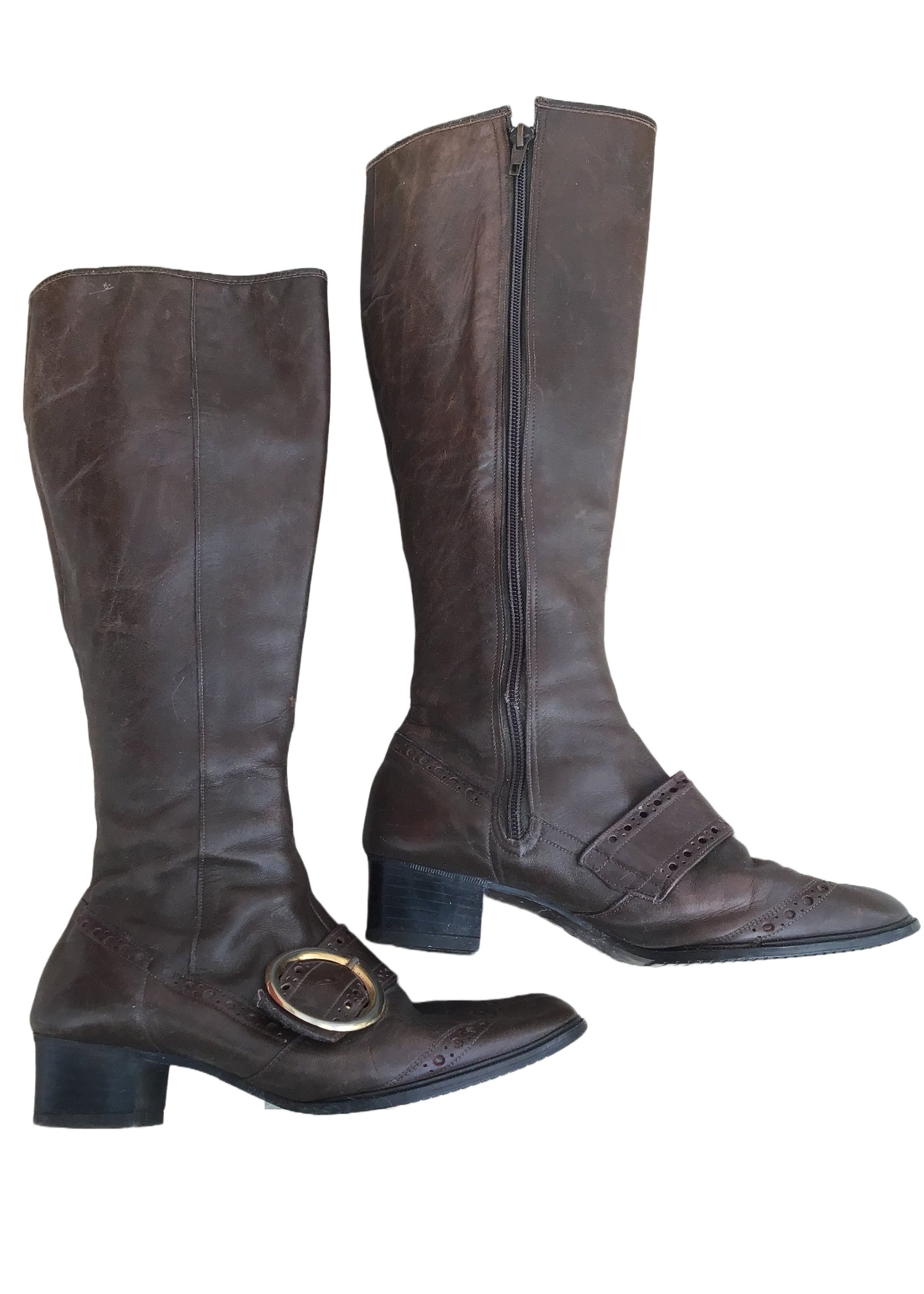 brown faux leather 1960s gogo boots, knee high boots with buckle and strap detail in a brogue design