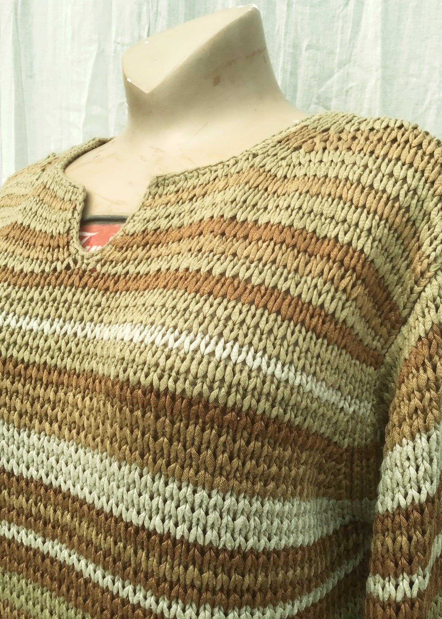 Vintage 80s Beige Striped Ribbon Knit Sweater