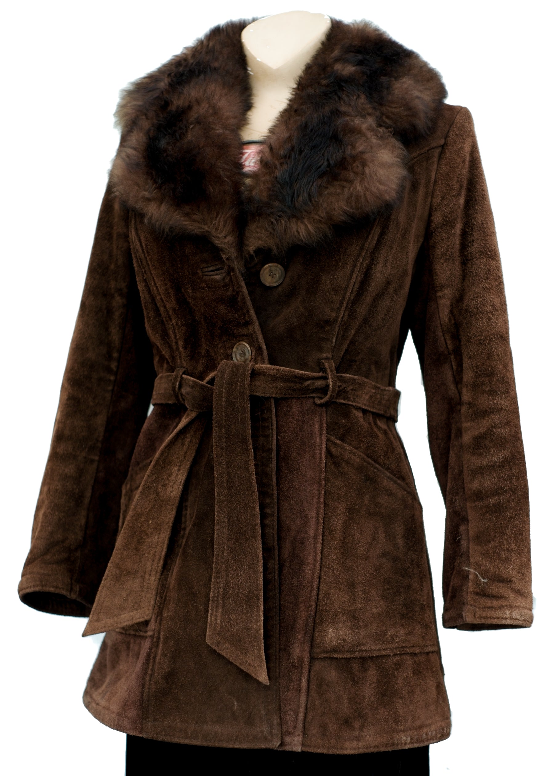 vintage 70s brown leather suede penny lane coat with faux fur collar and acrylic faux sheepskin lining, very heavy winter coat