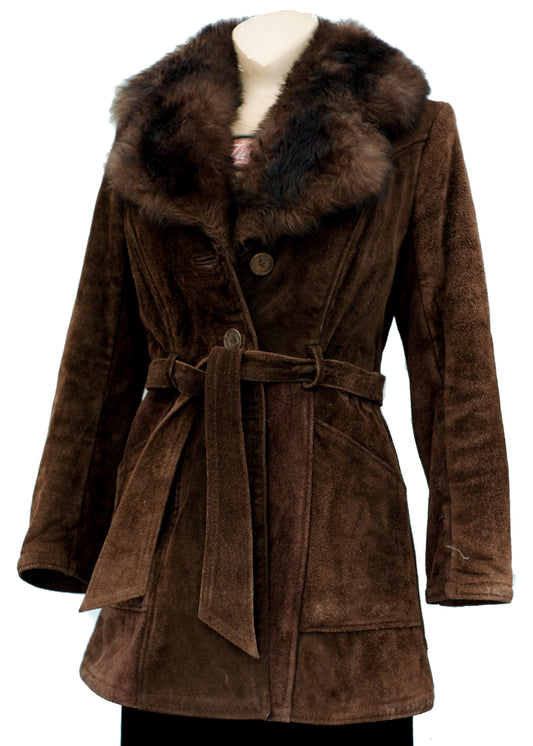 vintage 70s brown leather suede penny lane coat with faux fur collar and acrylic faux sheepskin lining, very heavy winter coat