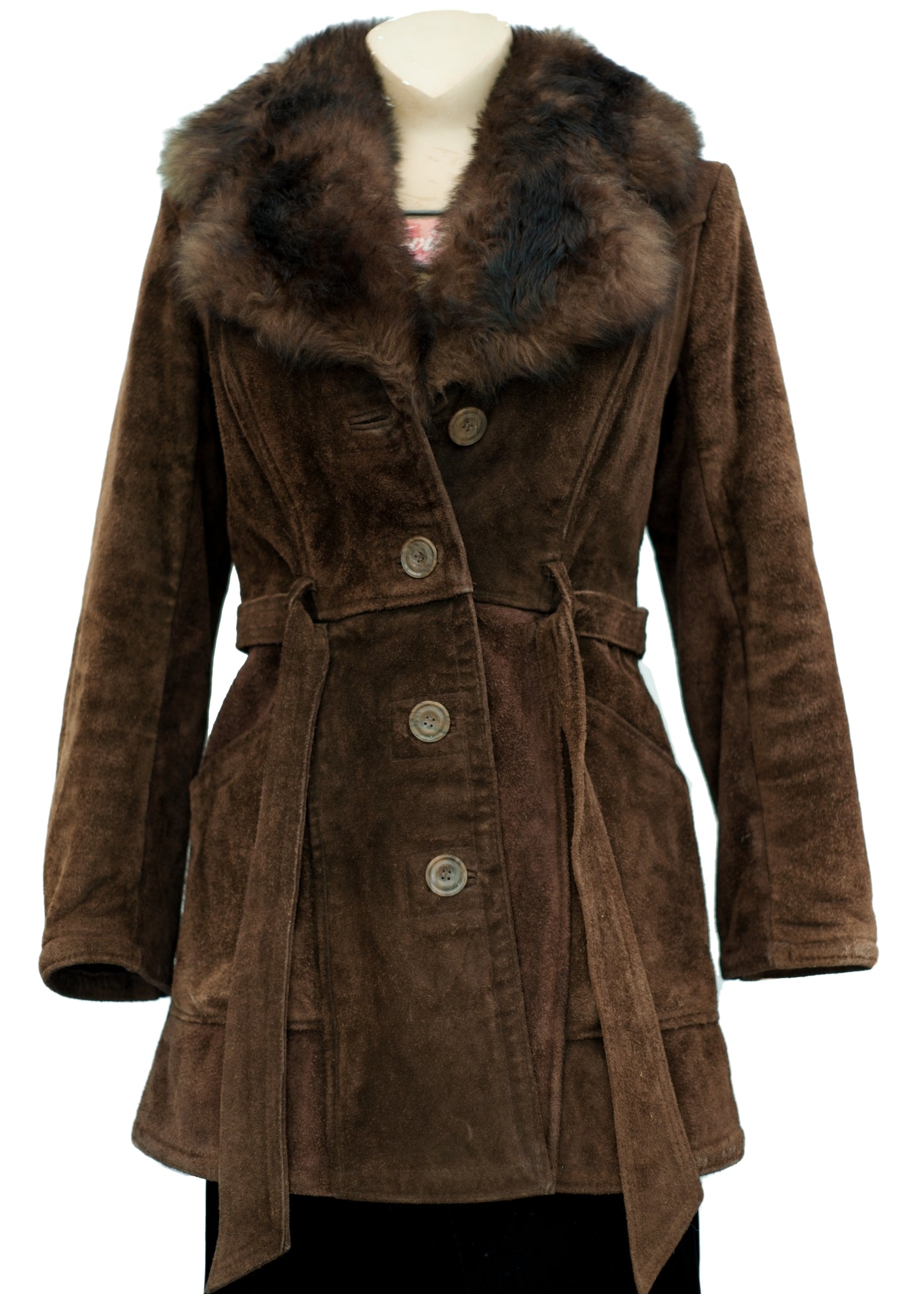 Vintage 70s Brown Suede Penny Lane Coat • Faux Fur Collar