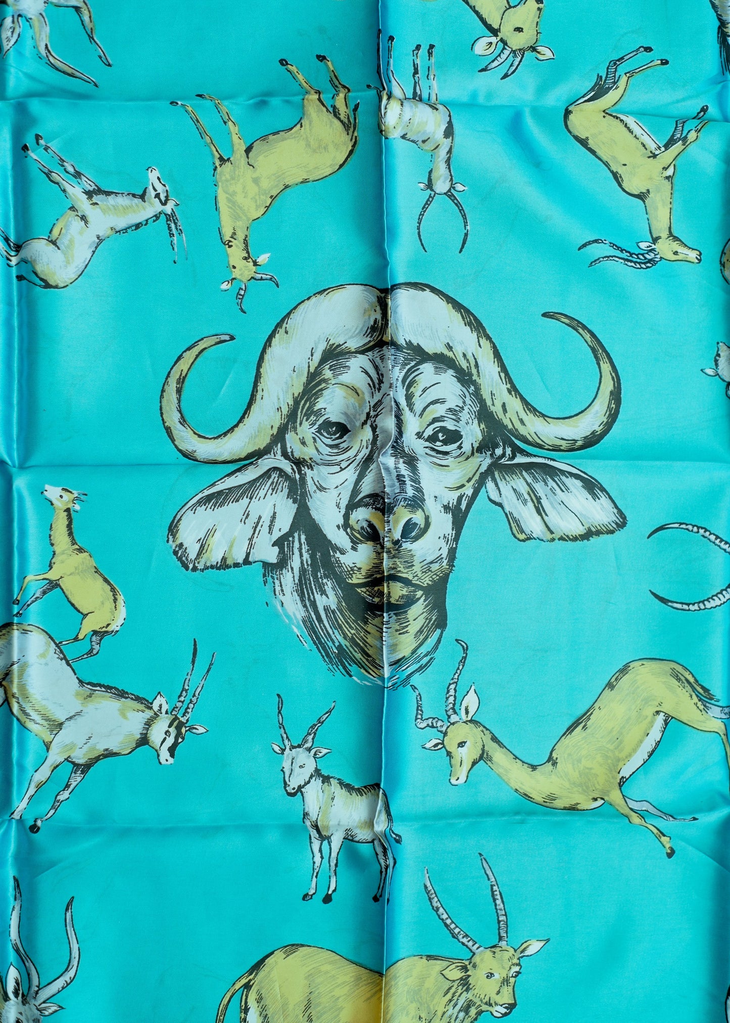 Fabulous Vintage Blue Illustrated Bison and Antelope Scarf