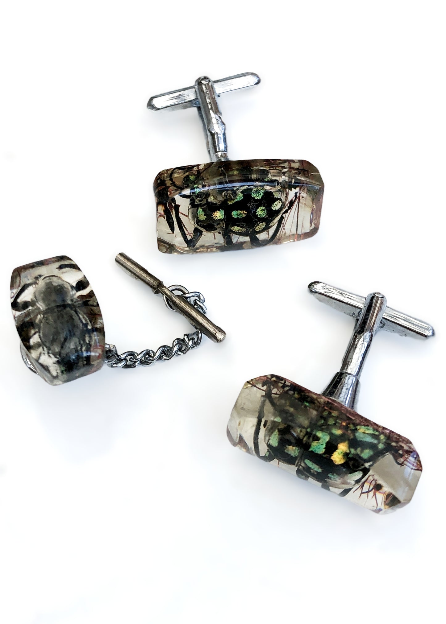Vintage Beetle Bugs Resin Cufflinks & Tie Pin • Creepy Crawly Cufflinks