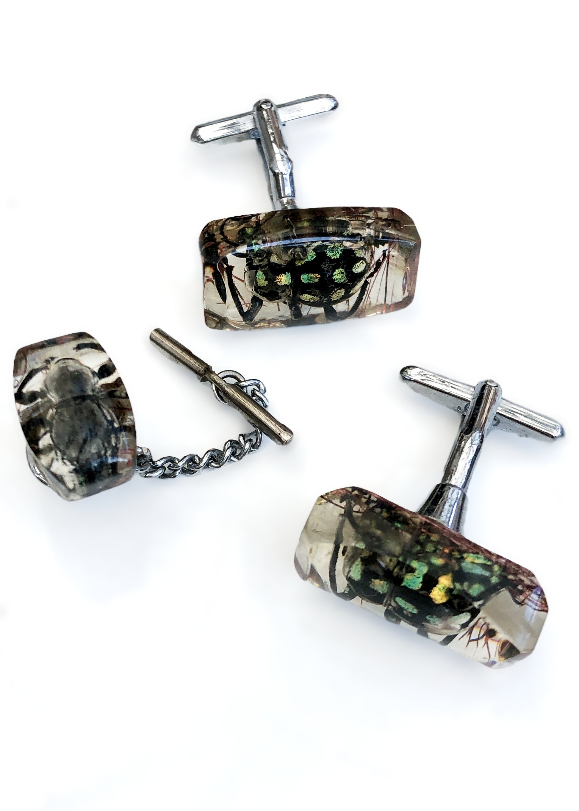 Vintage Beetle Bugs Resin Cufflinks & Tie Pin • Creepy Crawly Cufflinks