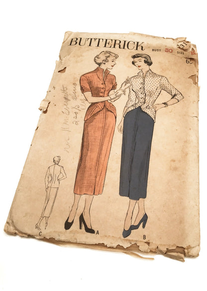 1940s Vintage Butterick #4831 Dressmaking Pattern • Misses' Two-Piece Dress 30"