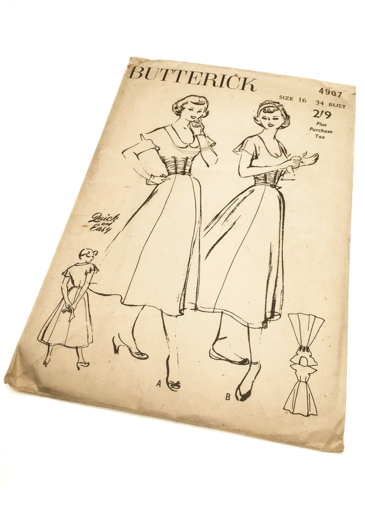 1940s Vintage Butterick #4907 Dressmaking Pattern • Teen One Piece Shirred Dress 34"