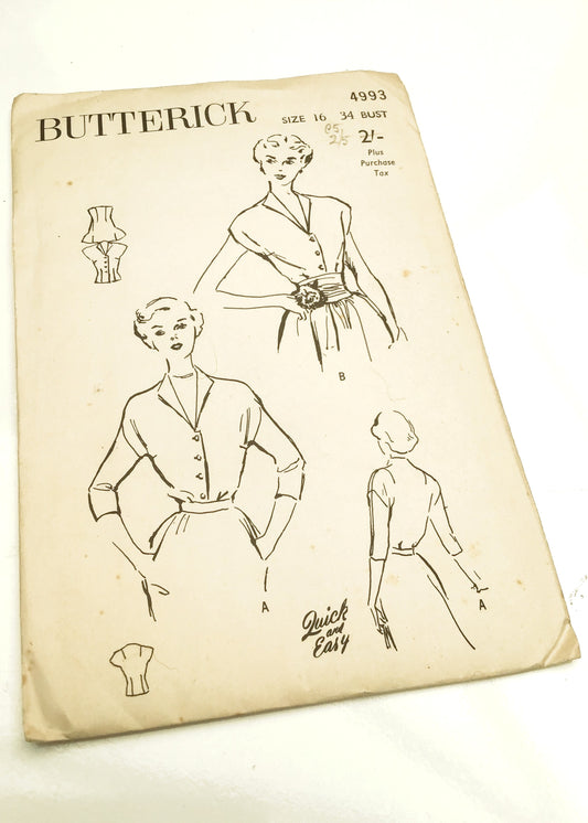 1940s Vintage Butterick #4993 Dressmaking Pattern • Drop Shoulder Blouse 34"