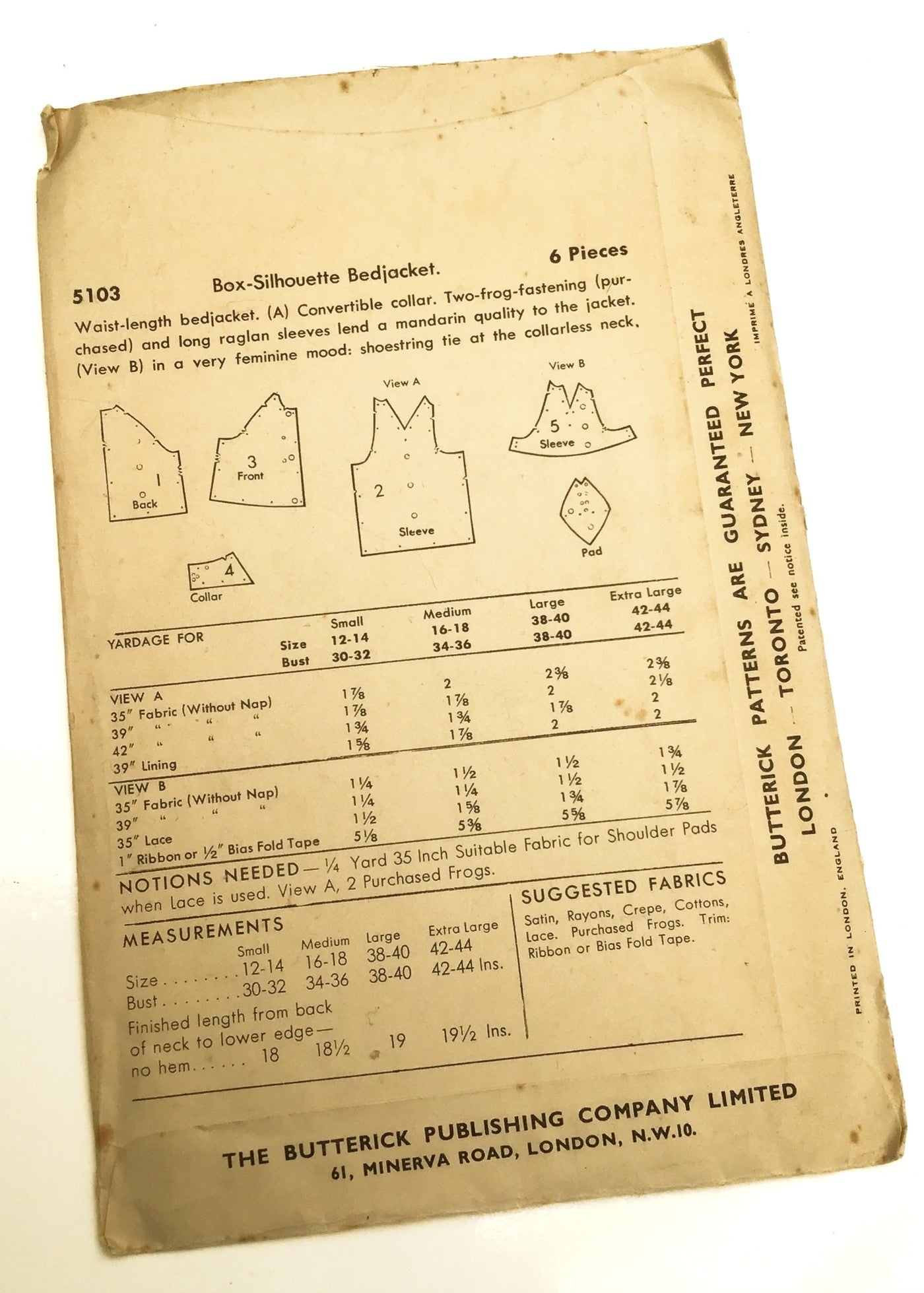 1940s Vintage Butterick #5103 Dressmaking Pattern • Box Silhouette Bed Jacket 34"-36"