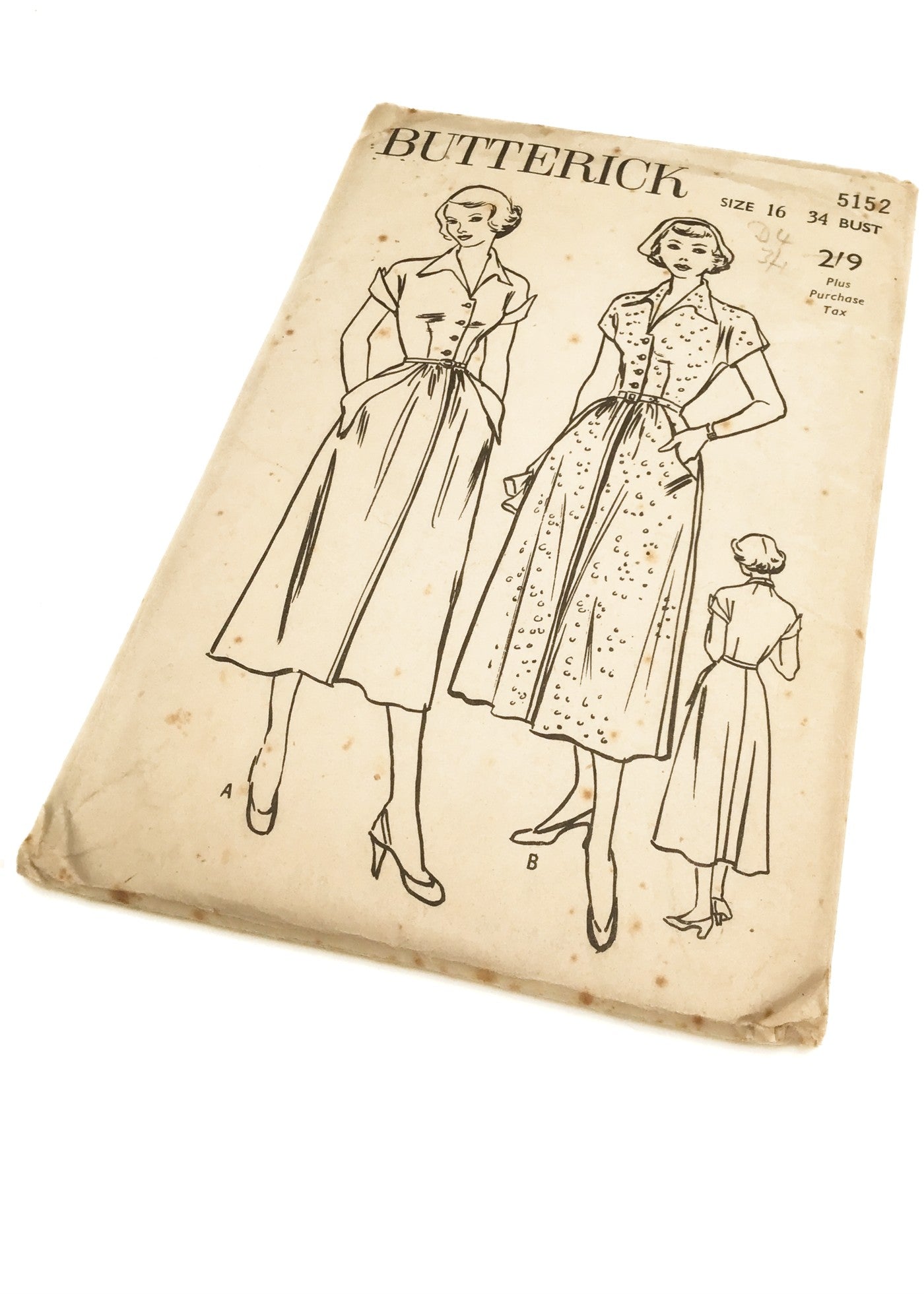 1950s Vintage Butterick #5152 Dressmaking Pattern • Full-Skirted Casual Dress with Pockets