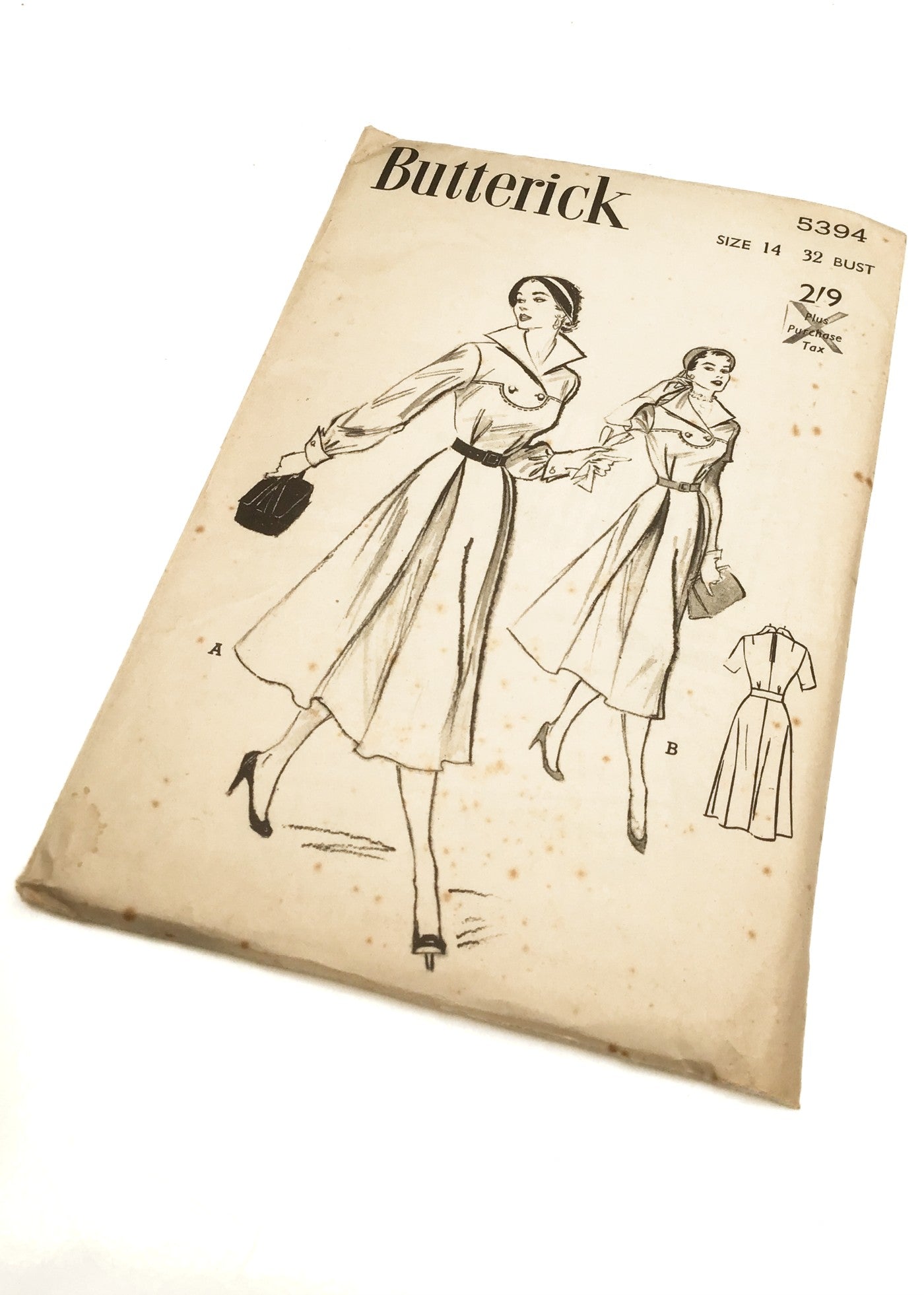 1940s Vintage Butterick #5394 Dressmaking Pattern • One Piece Dress Winged Collar 32"