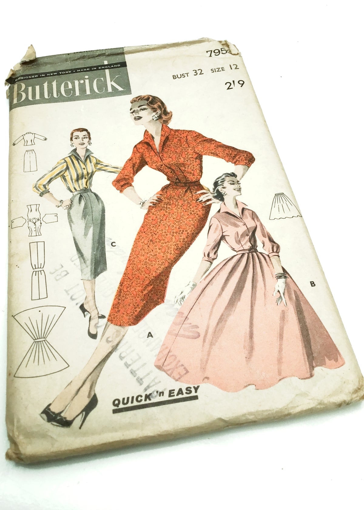 1950s Vintage Butterick #7953 Dressmaking Pattern • Blouse + Skirt Coord 32"