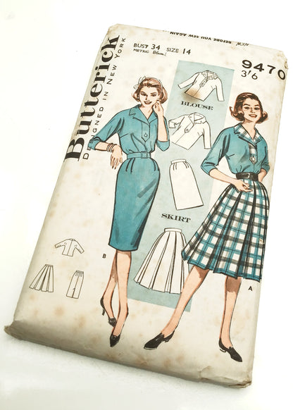 1950s Vintage Butterick #9470 Dressmaking Pattern • Blouse + Skirt Outfit 34"