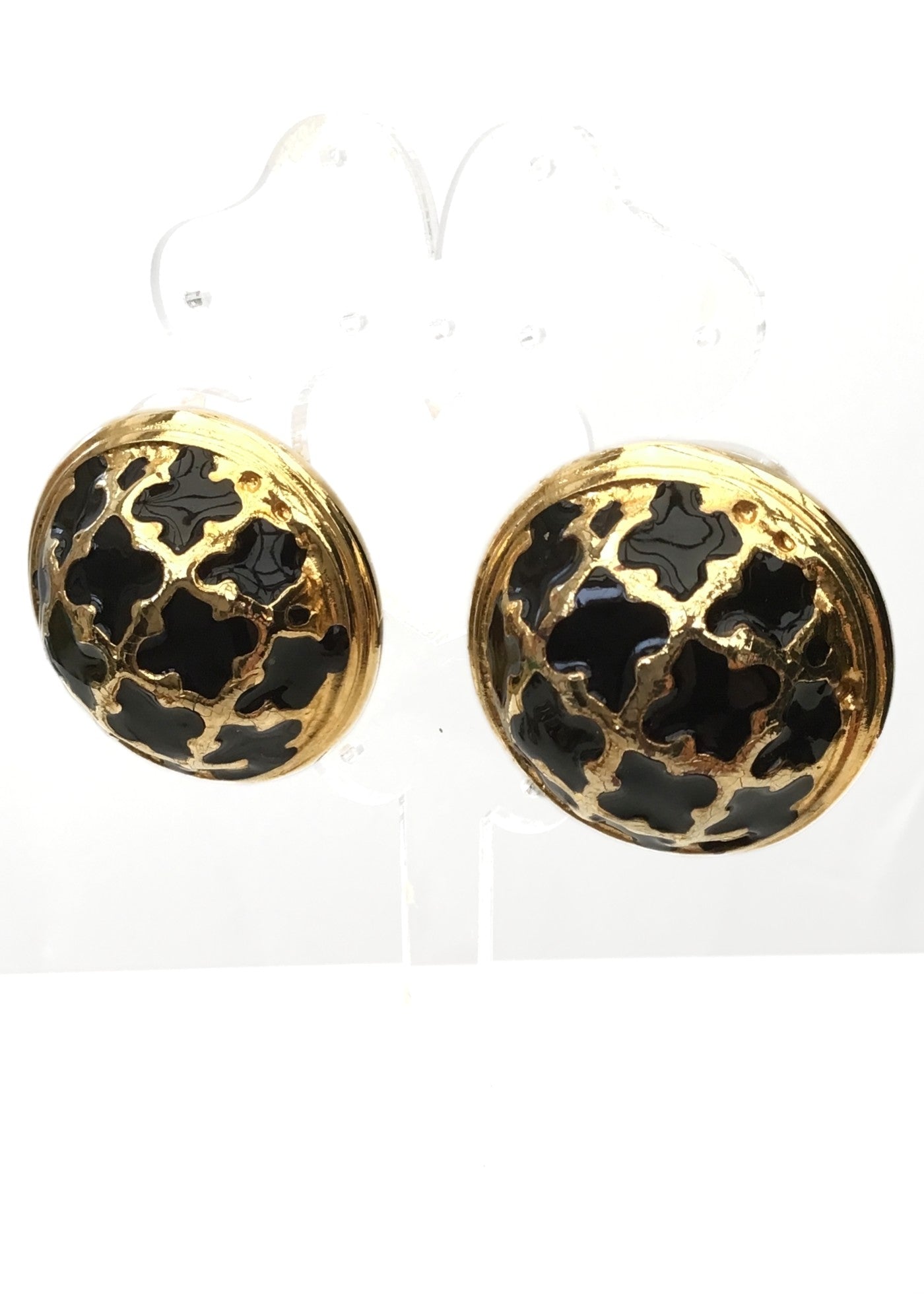 Vintage 80s Huge Statement Clarissa Black Enamel Goldtone Clip On Earrings • Italy