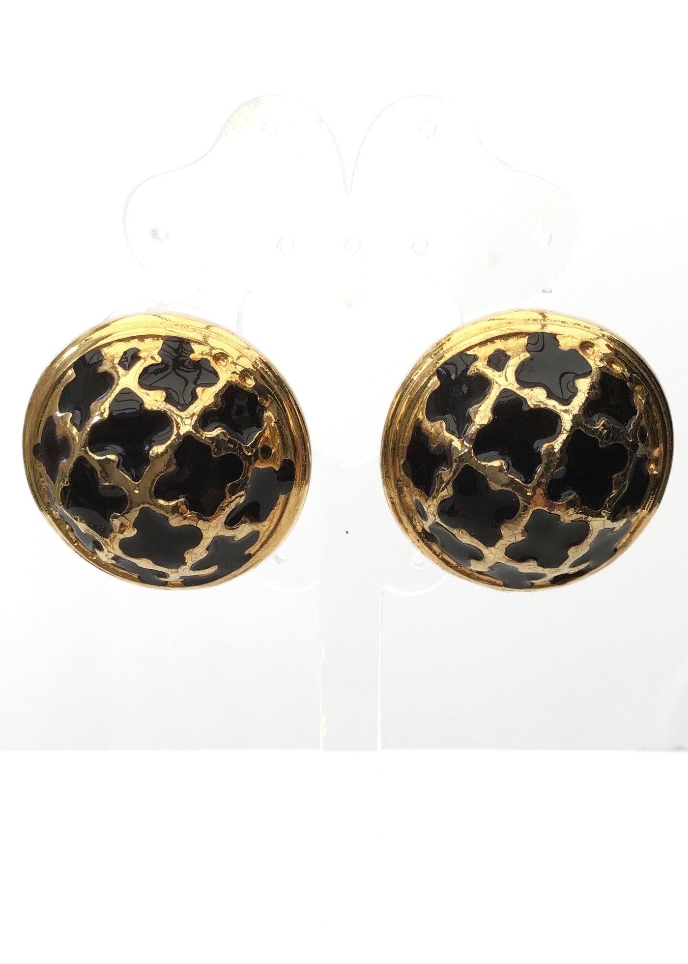 Vintage 80s Huge Statement Clarissa Black Enamel Goldtone Clip On Earrings • Italy