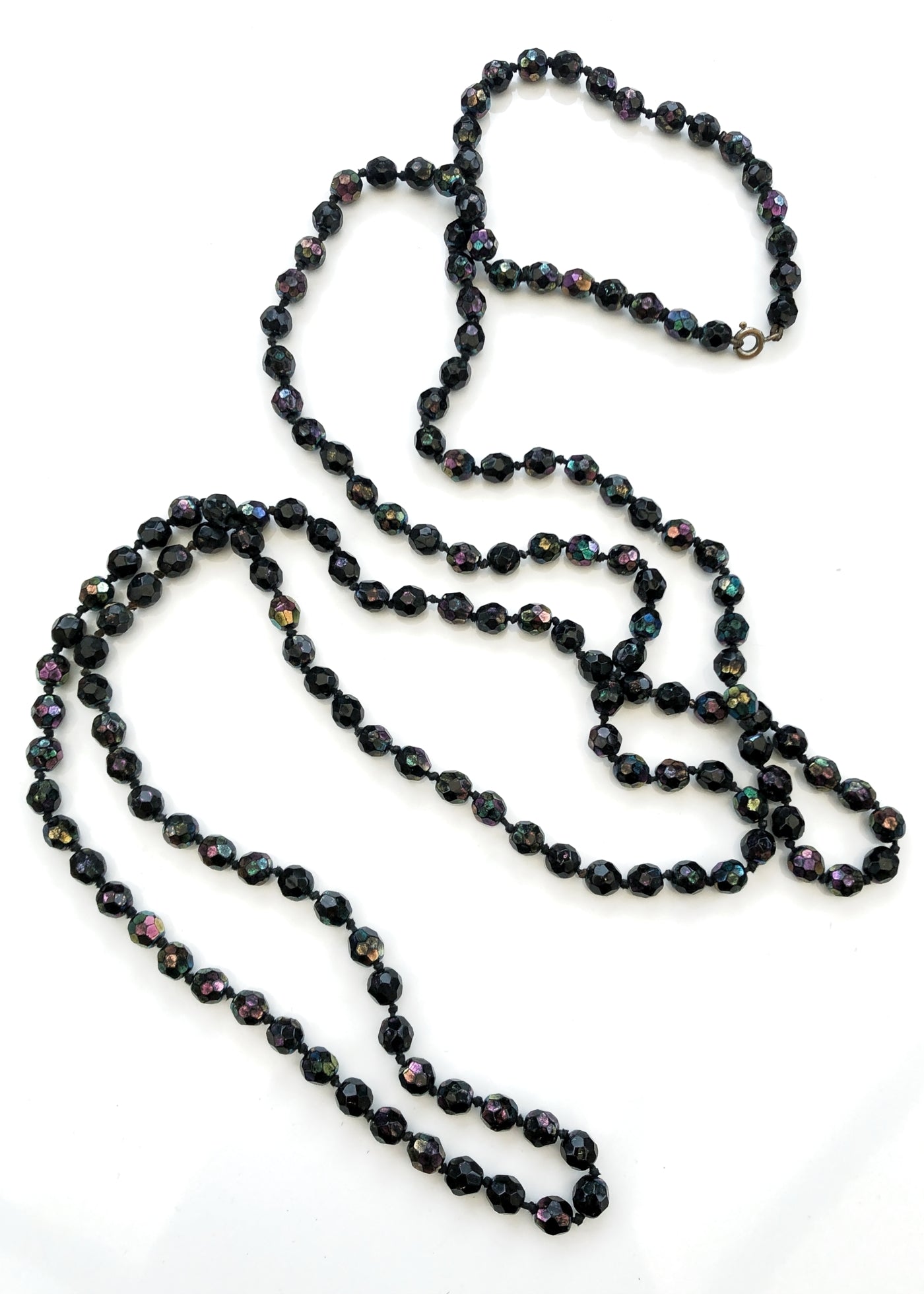 Vintage Black Iridescent Faceted Glass Bead Flapper Necklace • Knotted