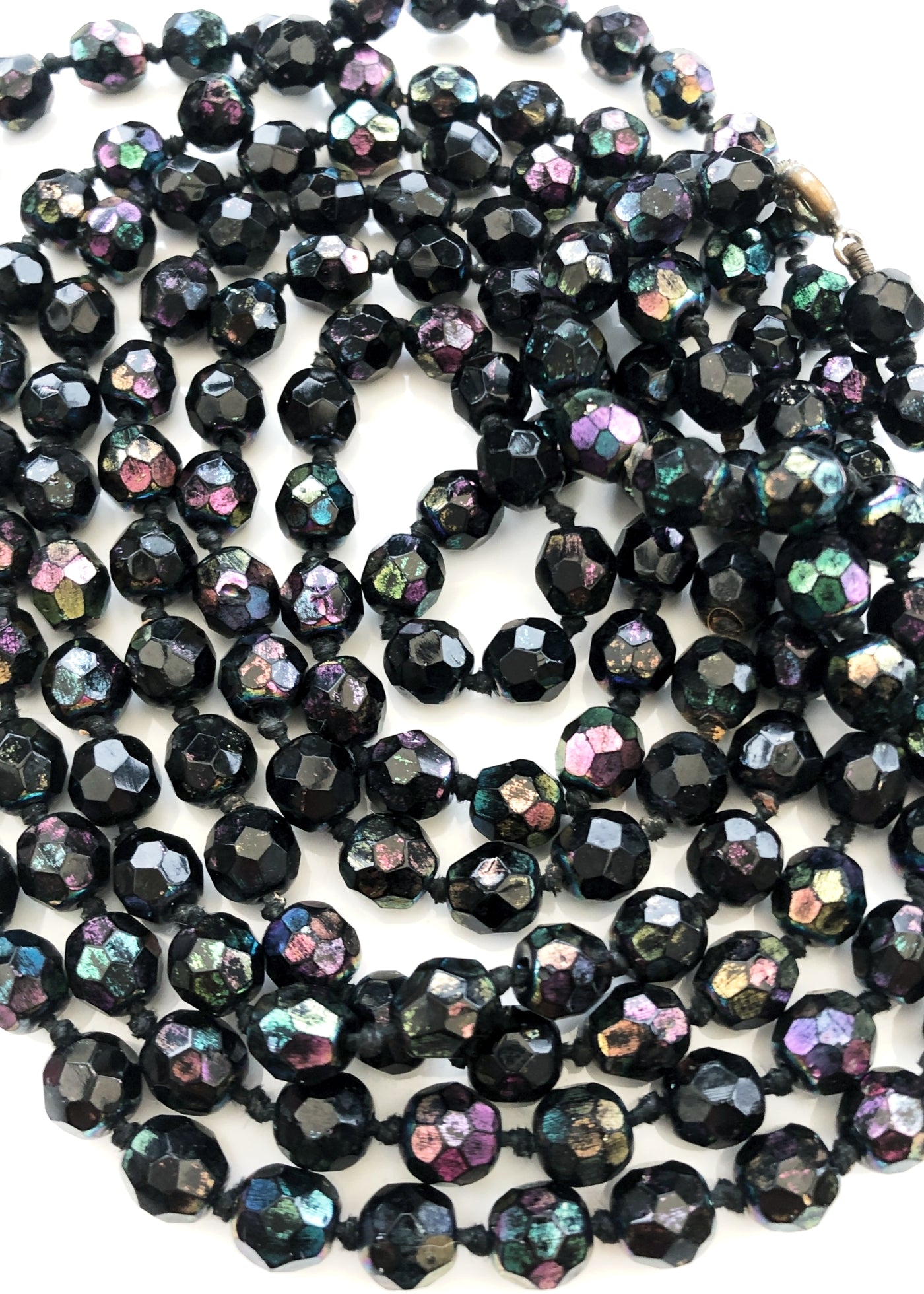 Vintage Black Iridescent Faceted Glass Bead Flapper Necklace • Knotted