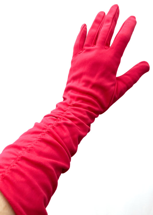 1950s Vintage Cerise Ruched Cocktail Gloves • Size 7