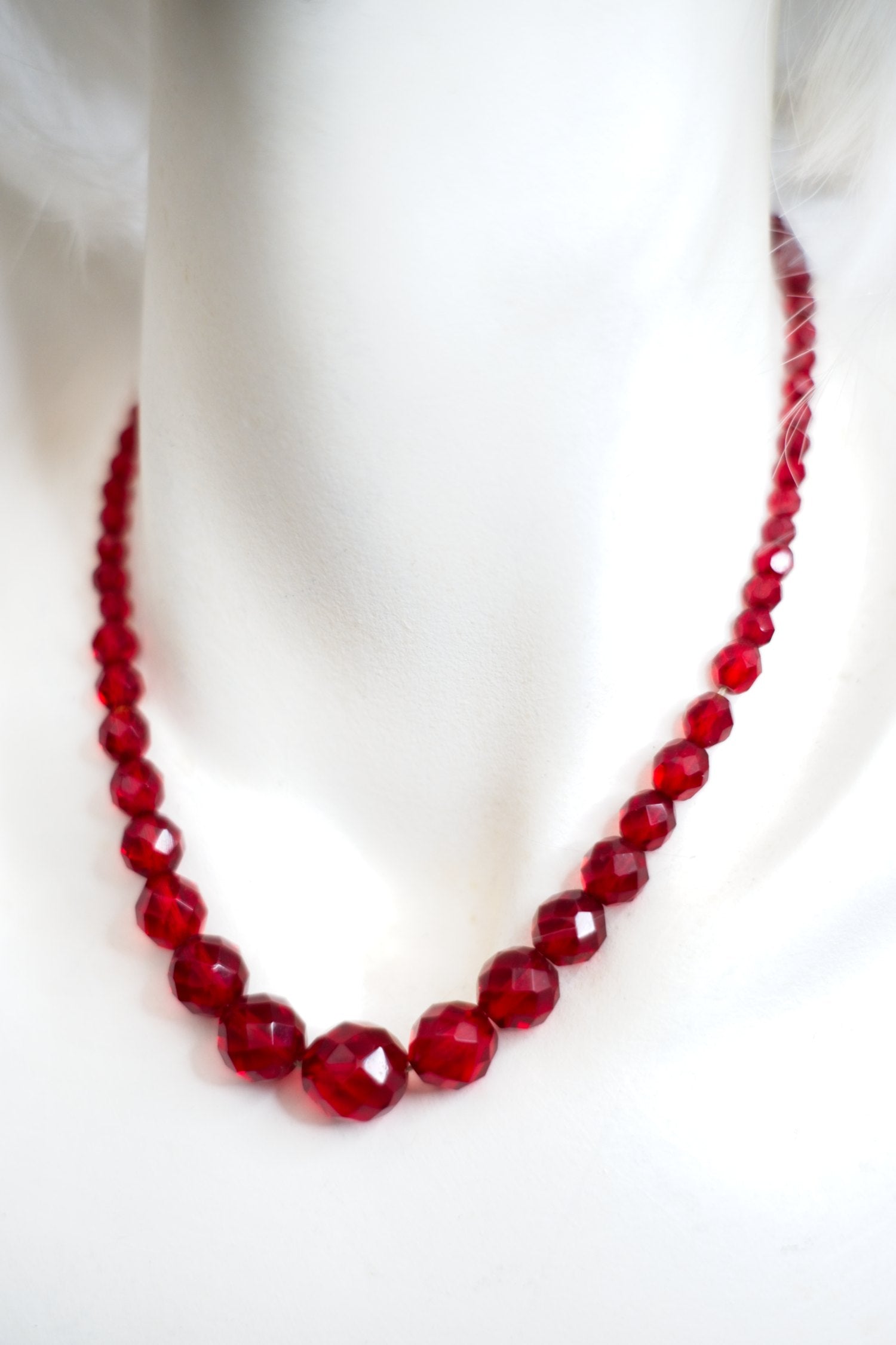 beautiful vintage red czech glass beaded necklace with graduated faceted beads to catch the light