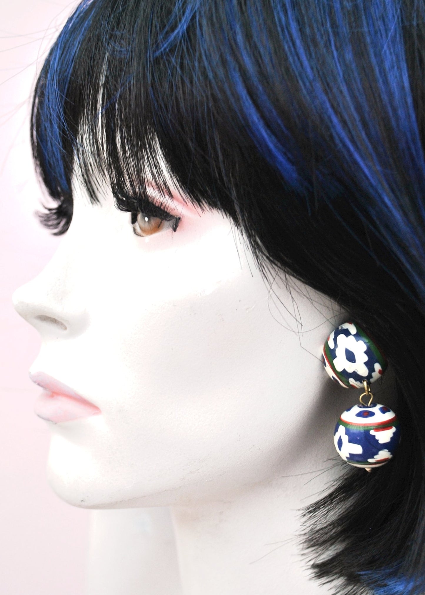 Retro Navy Blue Chimayo Painted Bauble Earrings