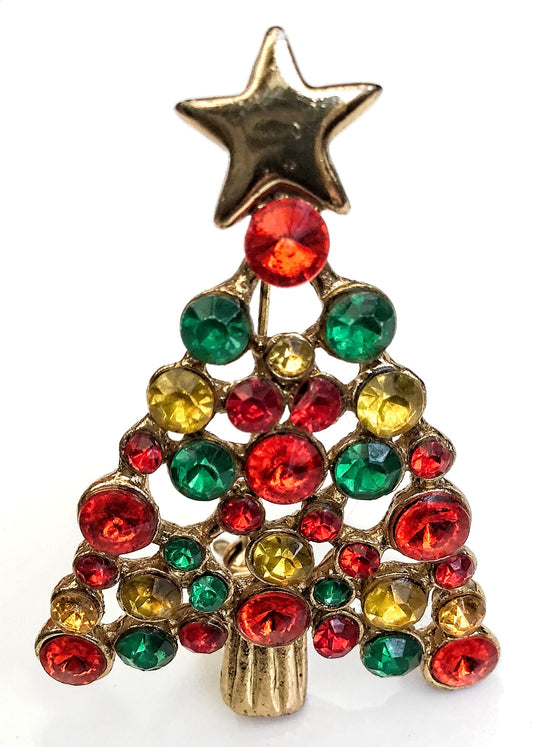 Vintage Multicoloured Rhinestone Christmas Tree Brooch