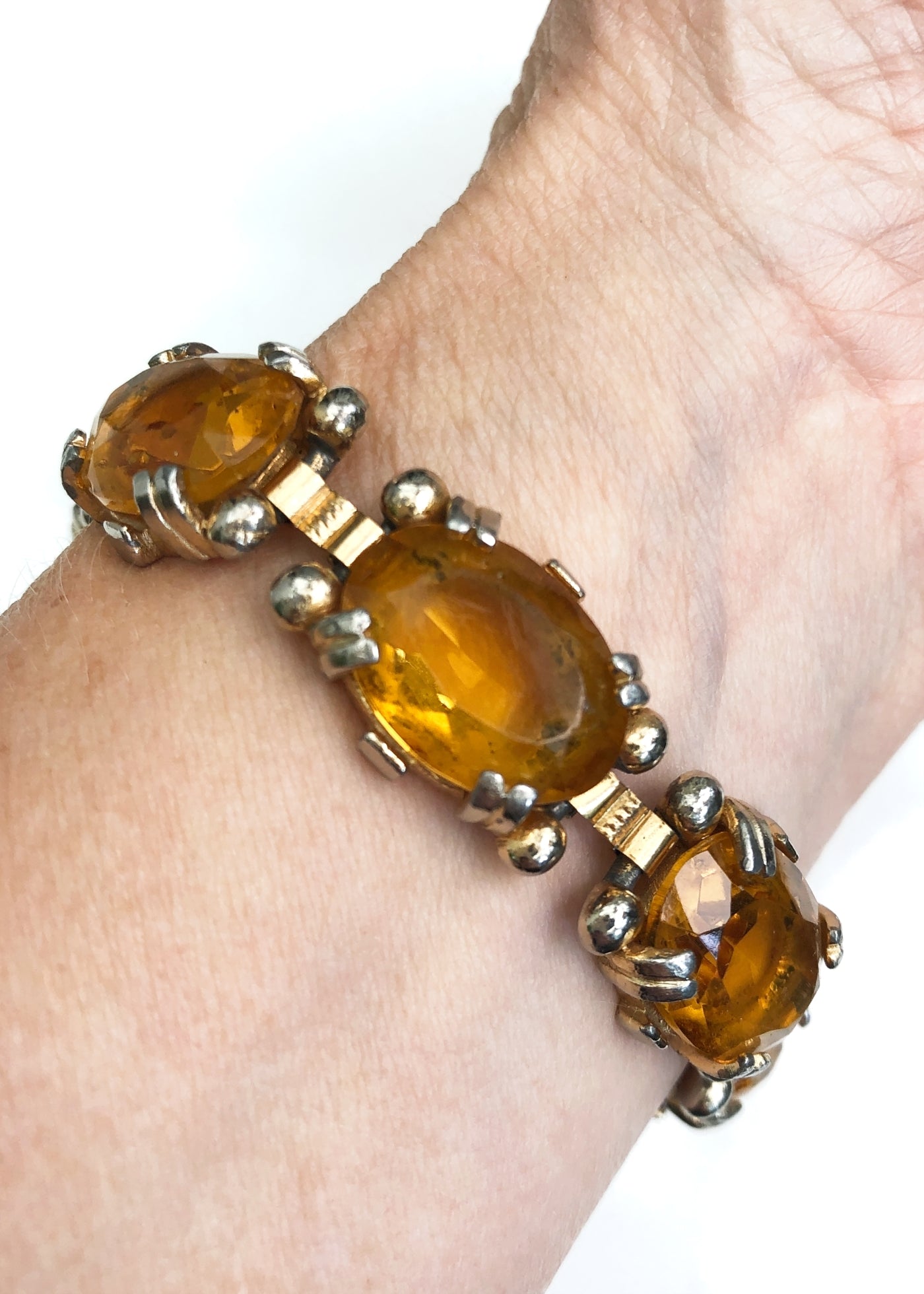 Vintage 60s Citrine Amber Glass Sphinx Bracelet