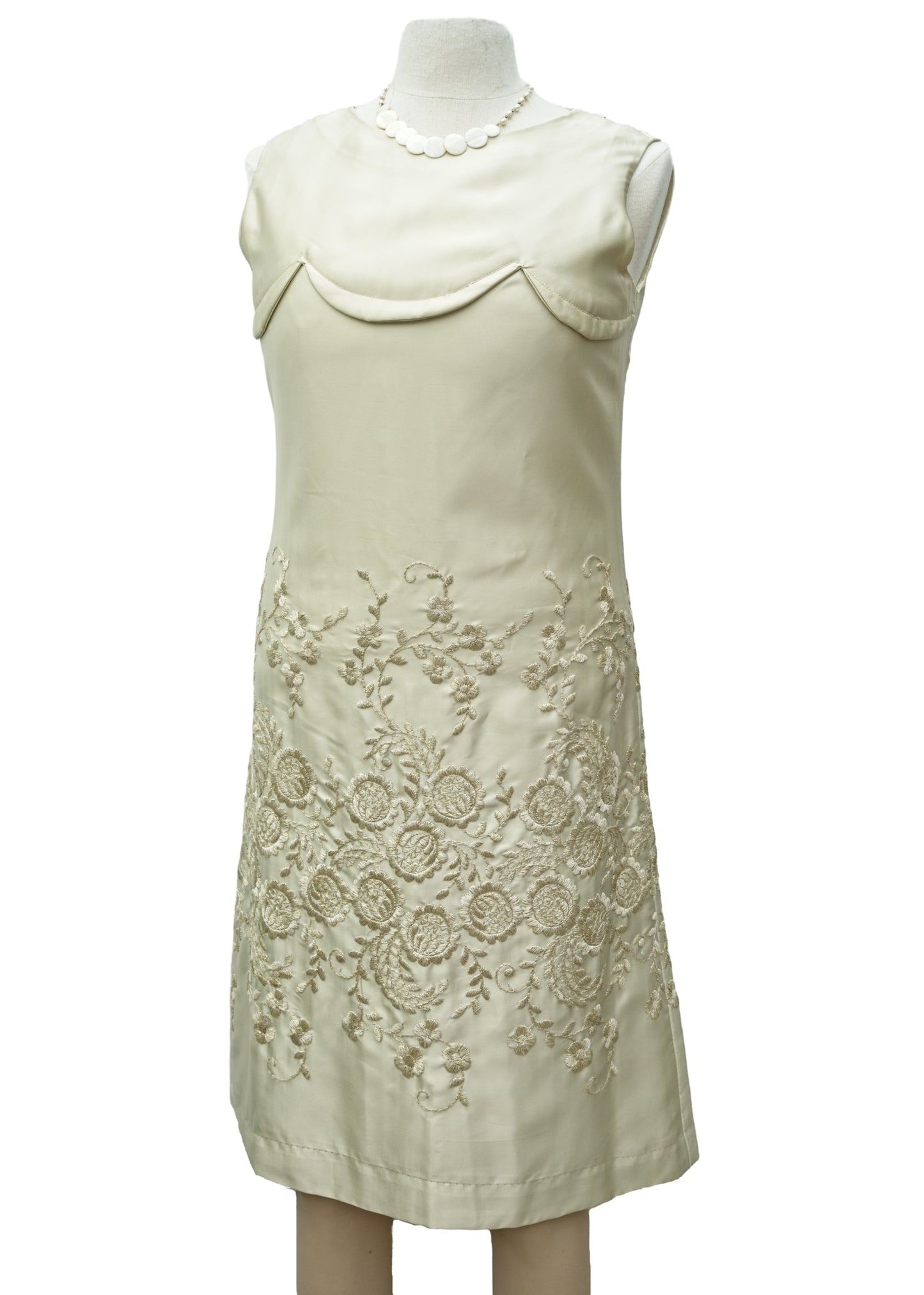 wonderful cream satin embroidered vintage 60s sleeveless shift dress, perfect little wedding dress