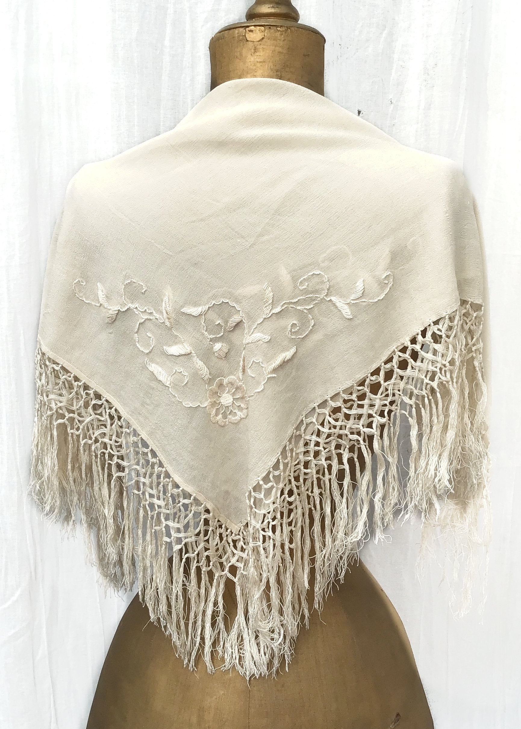 vintage cream silk crepe embroidered scarf, with tassel fringe, boho