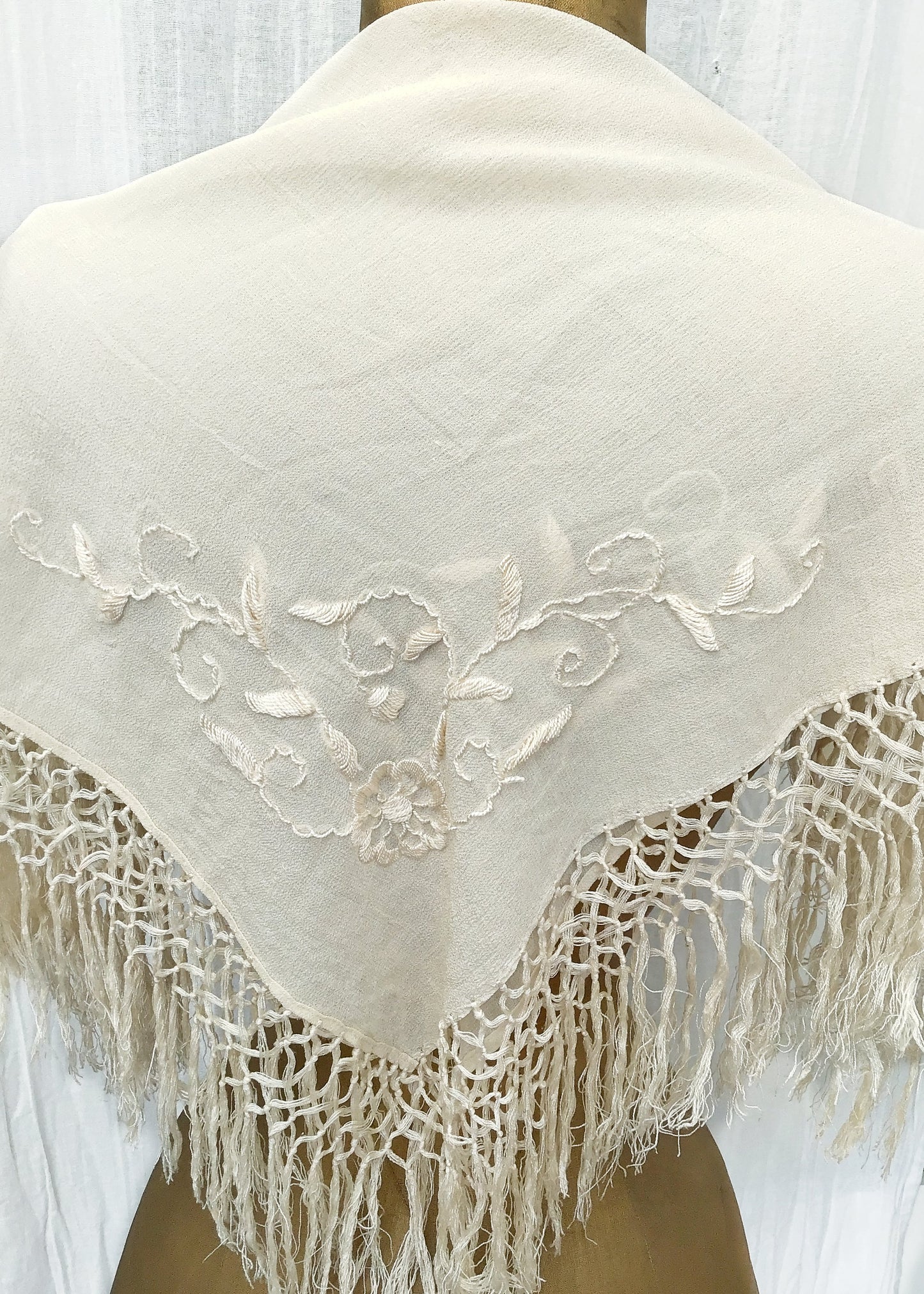 Small Vintage Cream Silk Embroidered Fringed Shawl