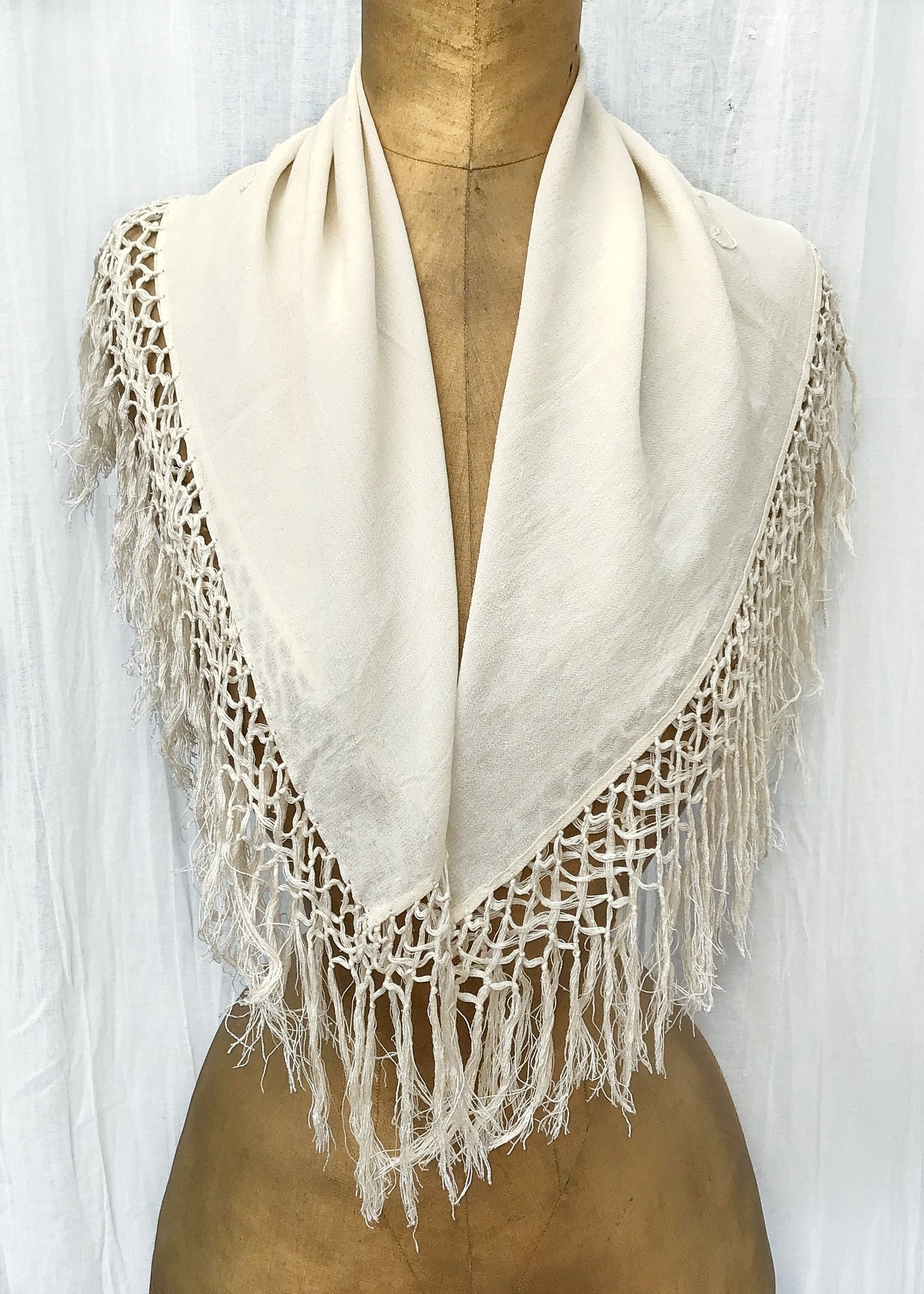 Small Vintage Cream Silk Embroidered Fringed Shawl
