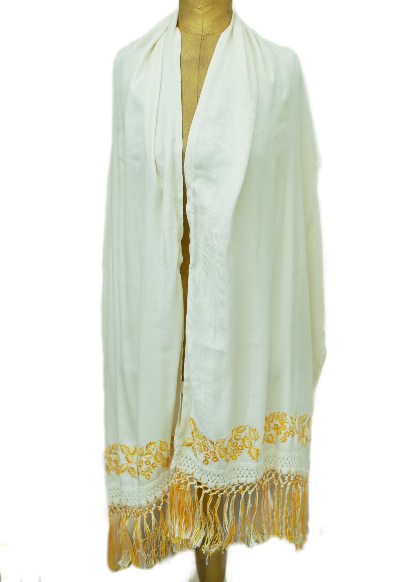 Long Cream Embroidered Leaves Shawl Scarf •  Knotted Fringe