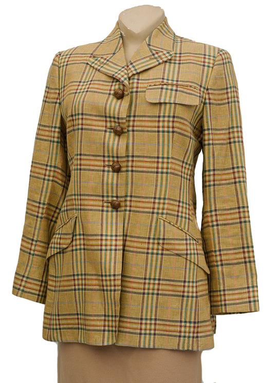 women's beige check hacking jacket with padded shoulders by DAKS size 12