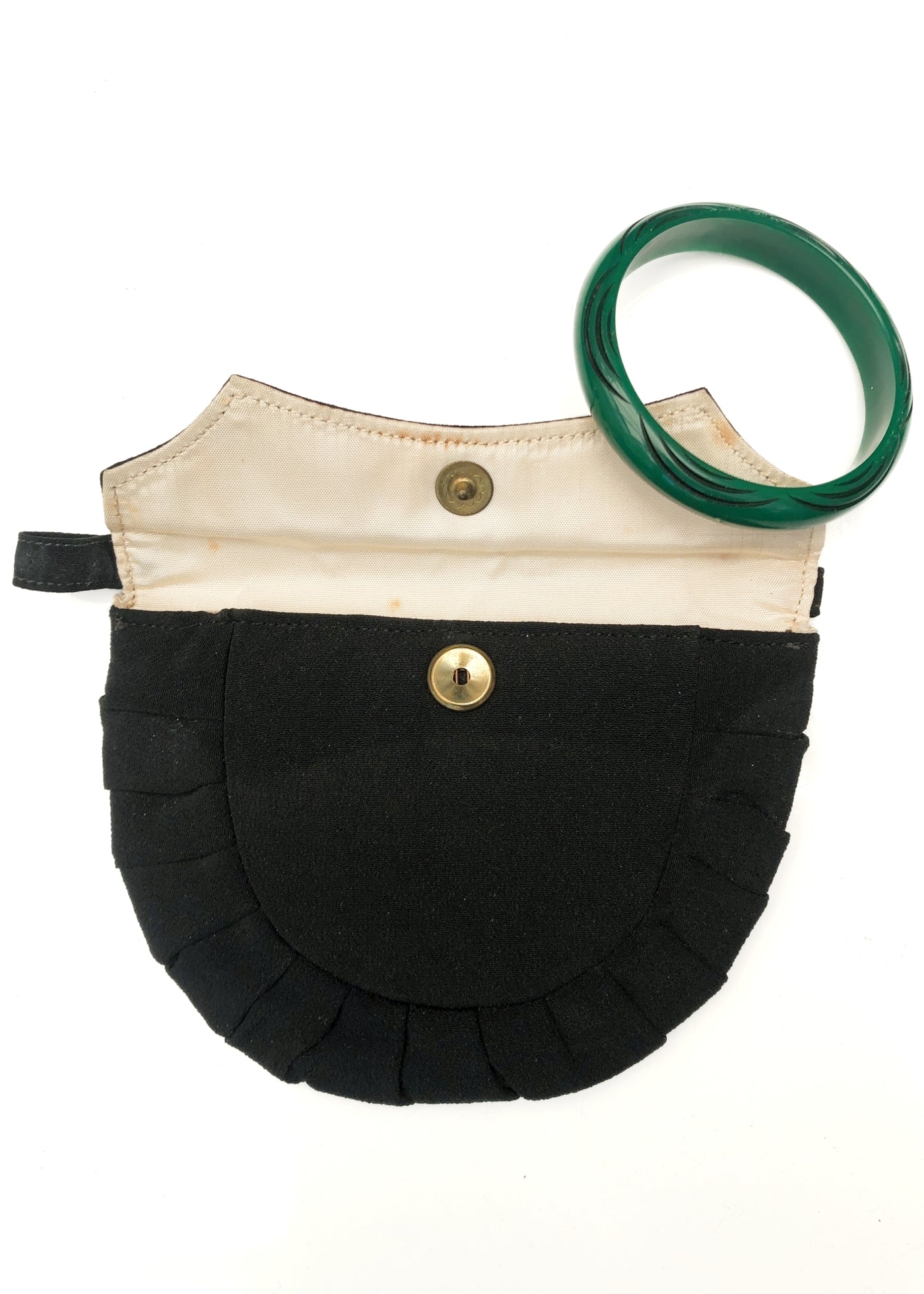 Vintage 30s Deco Black Crepe Evening Purse with Wristlet Handle • Batwing