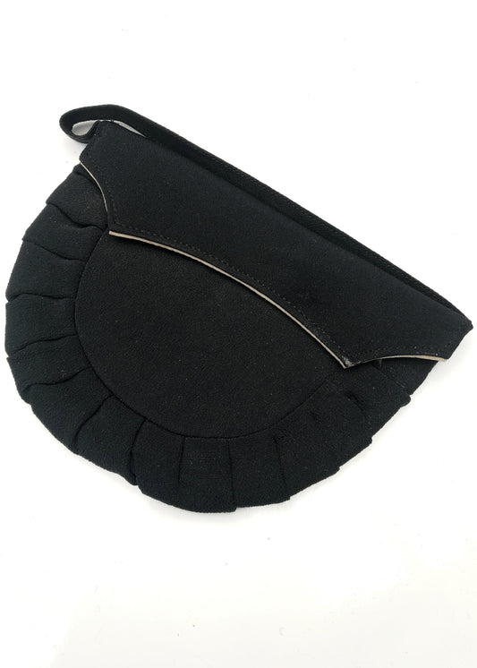 Vintage 30s Deco Black Crepe Evening Purse with Wristlet Handle • Batwing