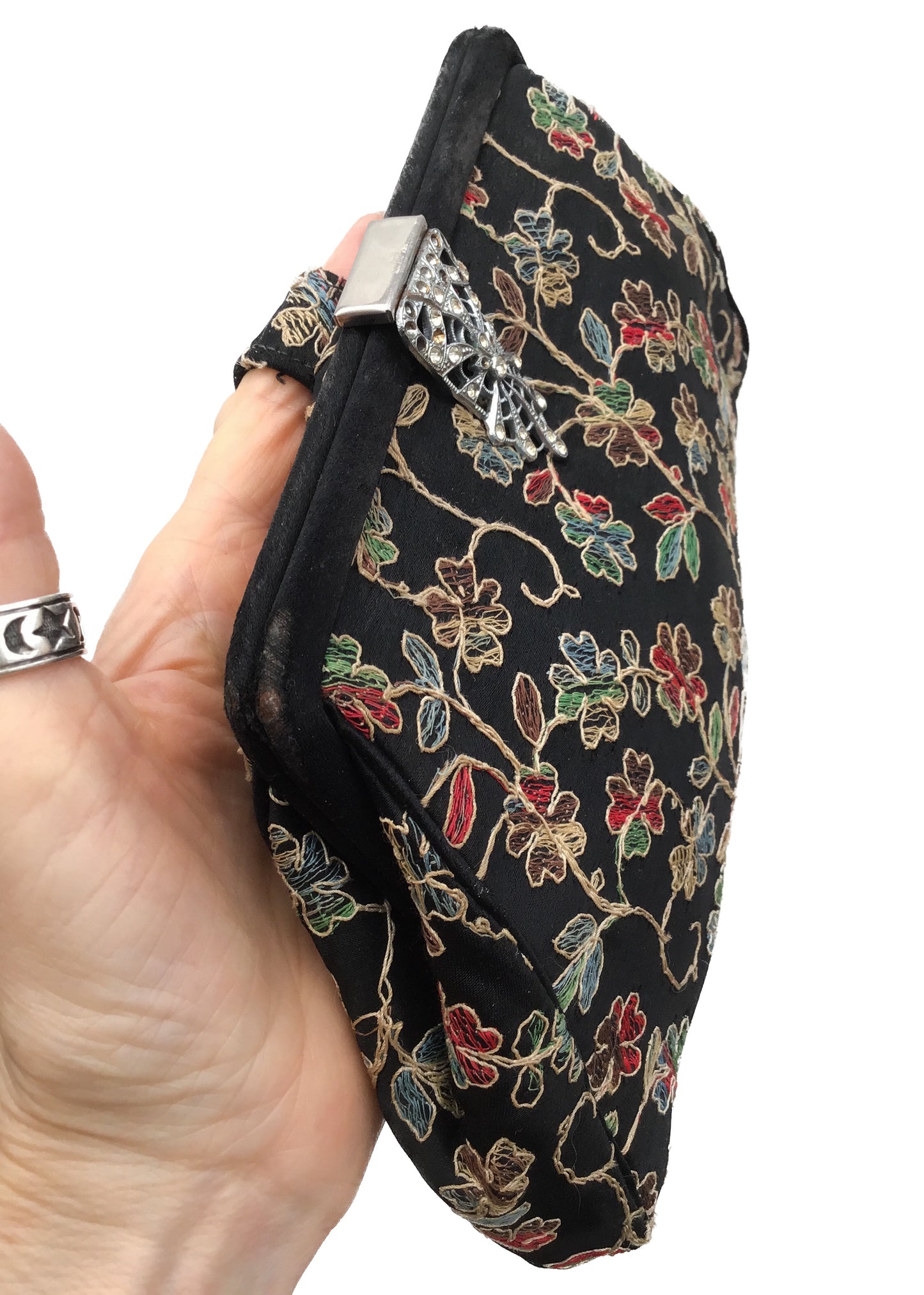 Vintage Deco Embroidered Clutch Purse with Rhinestone Clasp • Evening Bag