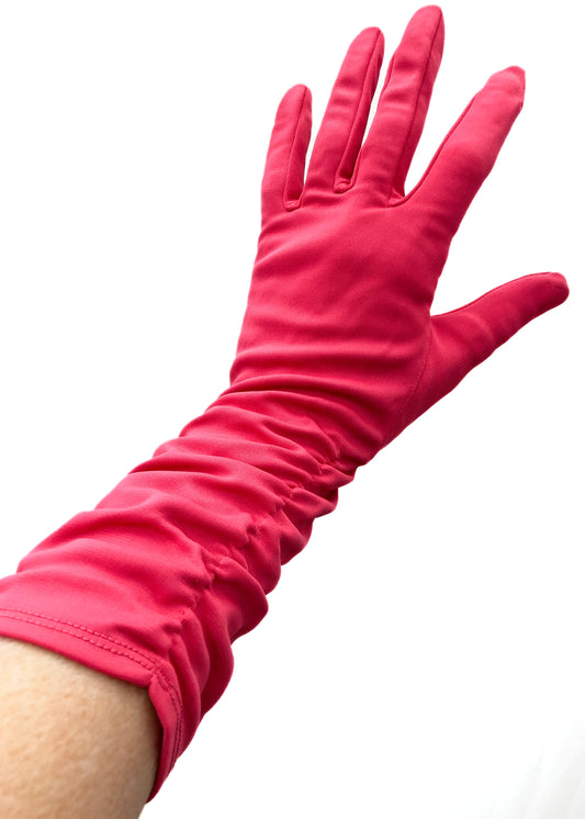 1950s Vintage Hot Pink Ruched Cocktail Gloves • 6.5