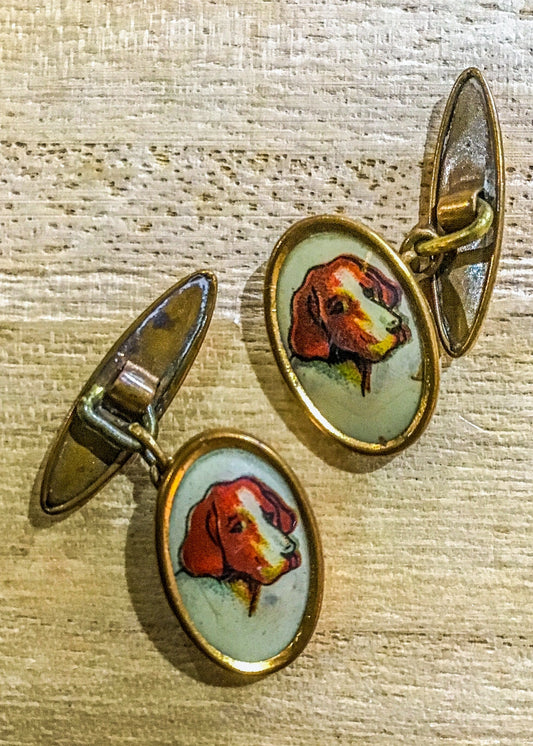 Antique 1920s Painted Dog Cufflinks