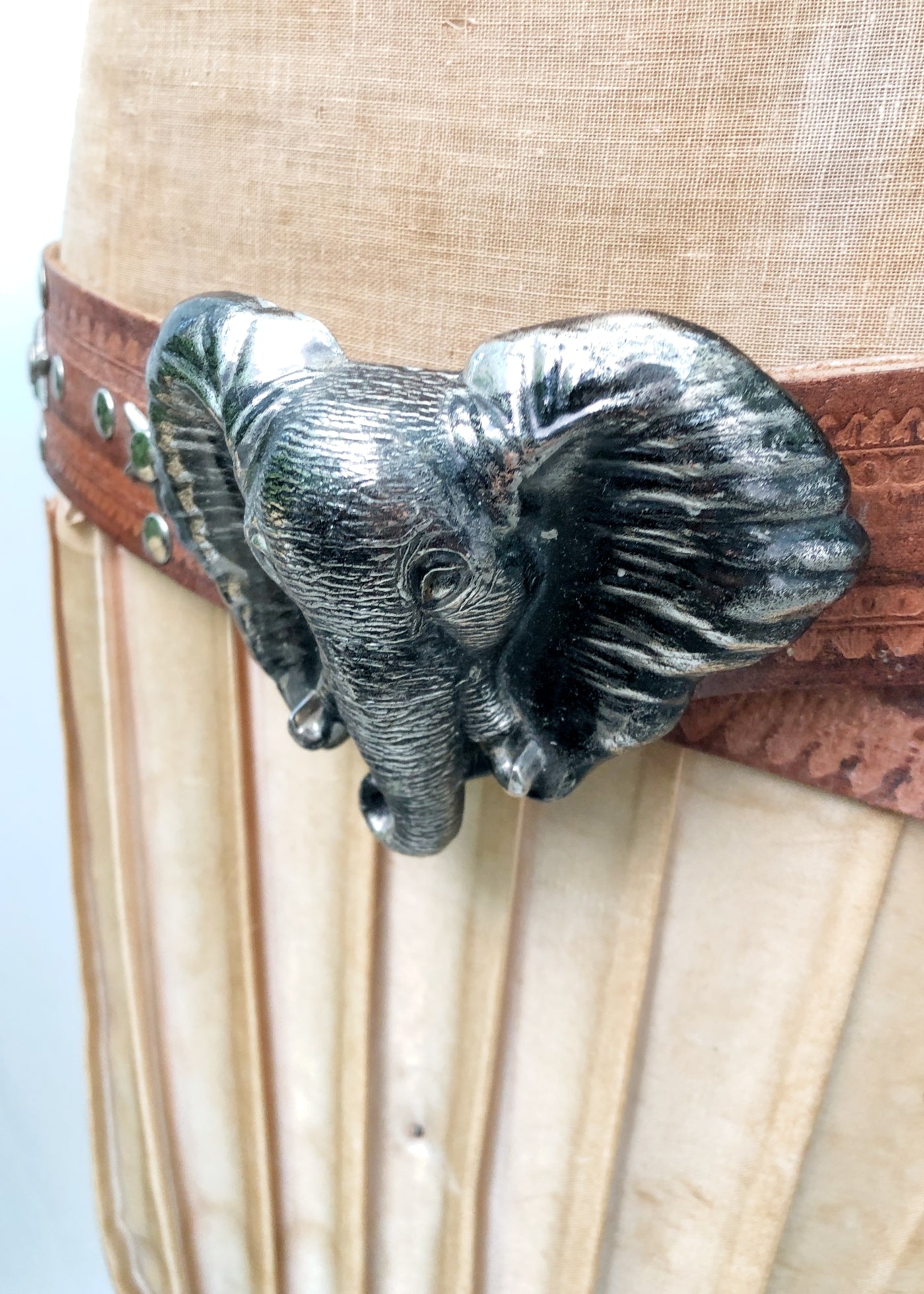 Vintage Brown Leather Belt • Huge Elephant Head Metal Buckle & Star Studs