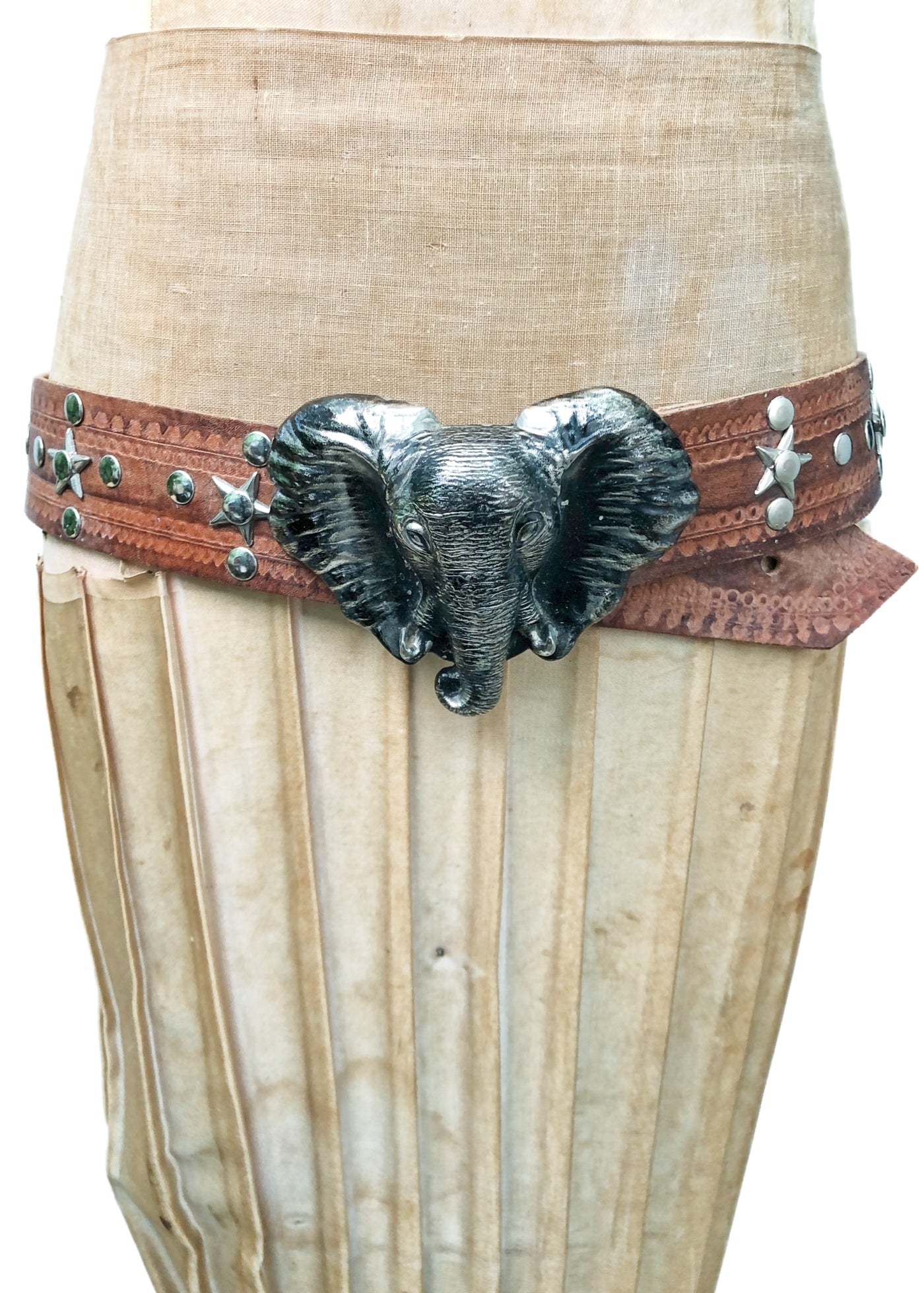 Vintage Brown Leather Belt • Huge Elephant Head Metal Buckle & Star Studs