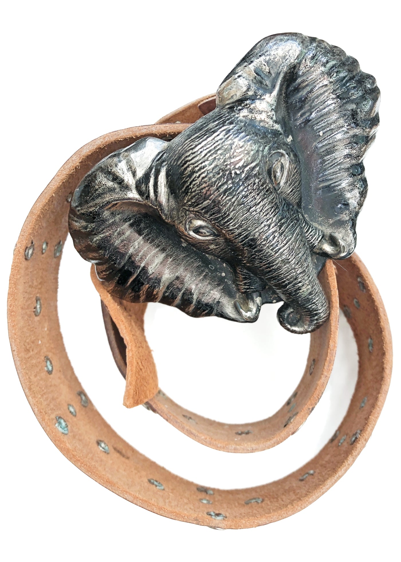 Vintage Brown Leather Belt • Huge Elephant Head Metal Buckle & Star Studs
