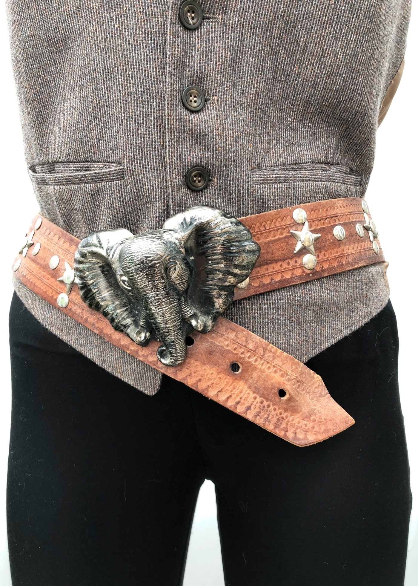 Vintage Brown Leather Belt • Huge Elephant Head Metal Buckle & Star Studs