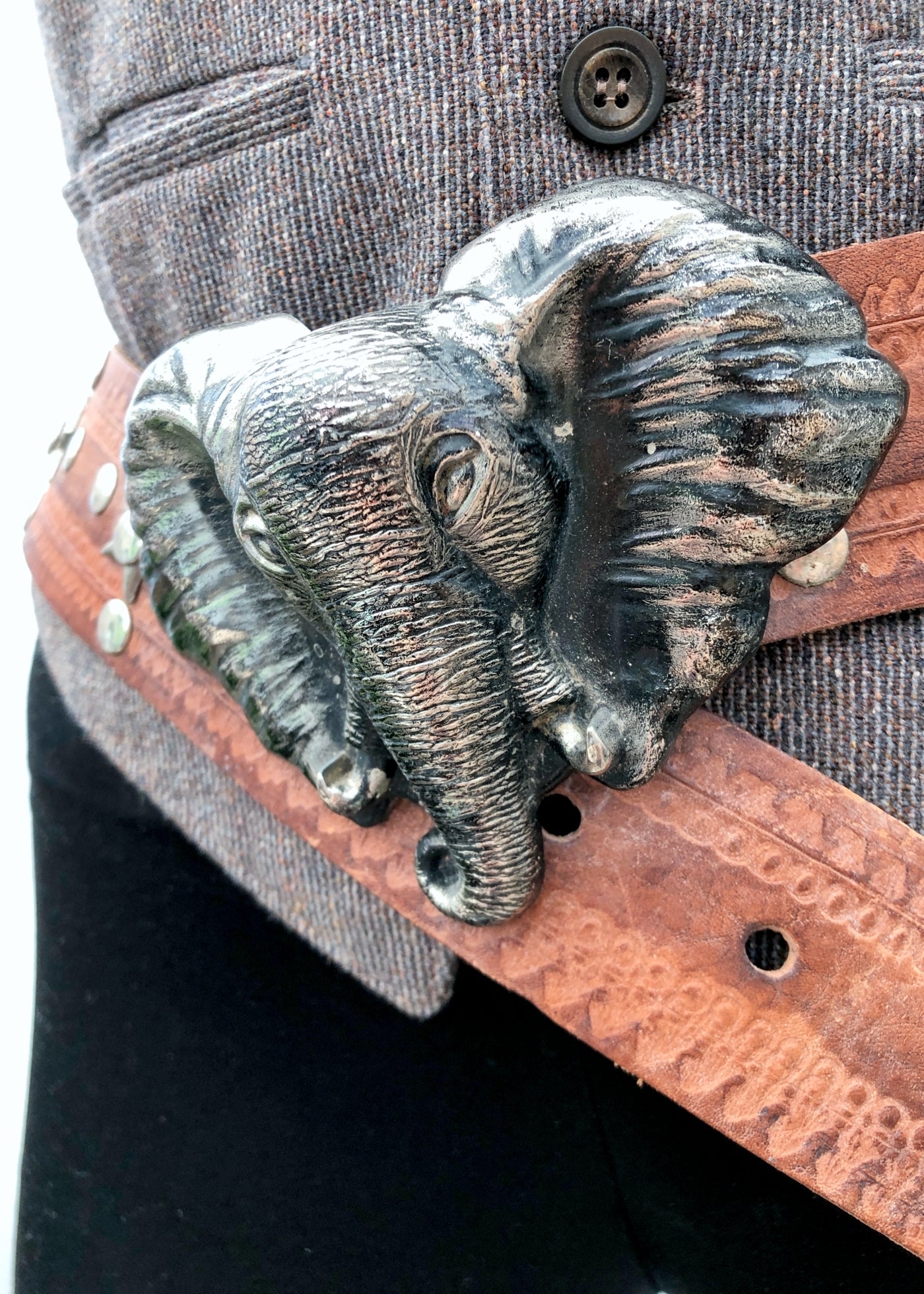 Vintage Brown Leather Belt • Huge Elephant Head Metal Buckle & Star Studs