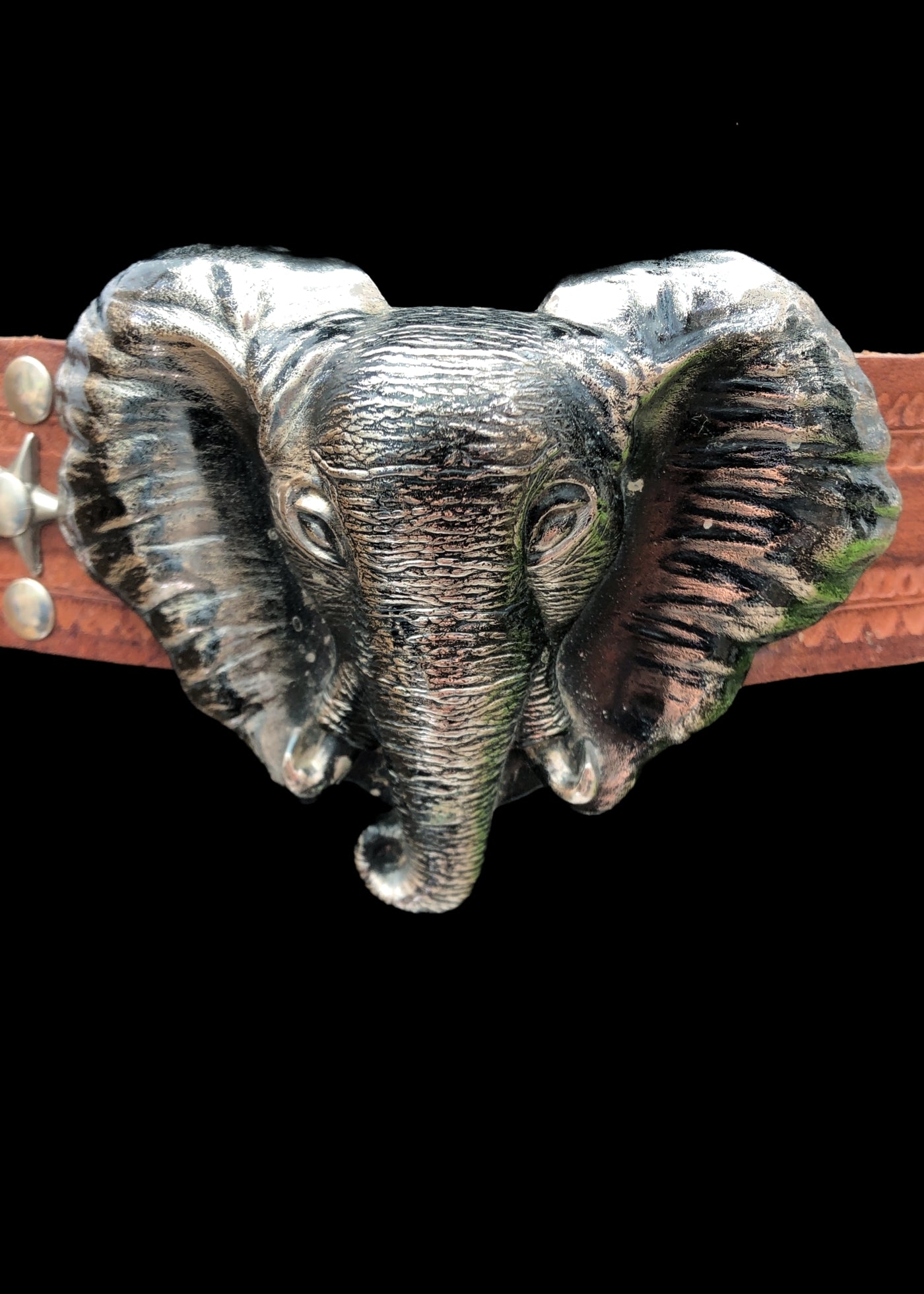 Vintage Brown Leather Belt • Huge Elephant Head Metal Buckle & Star Studs