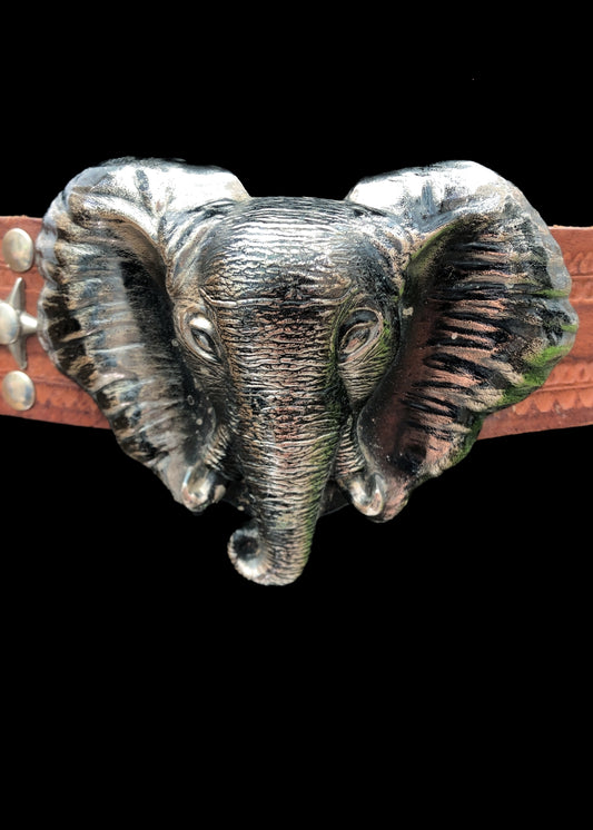 Vintage Brown Leather Belt • Huge Elephant Head Metal Buckle & Star Studs