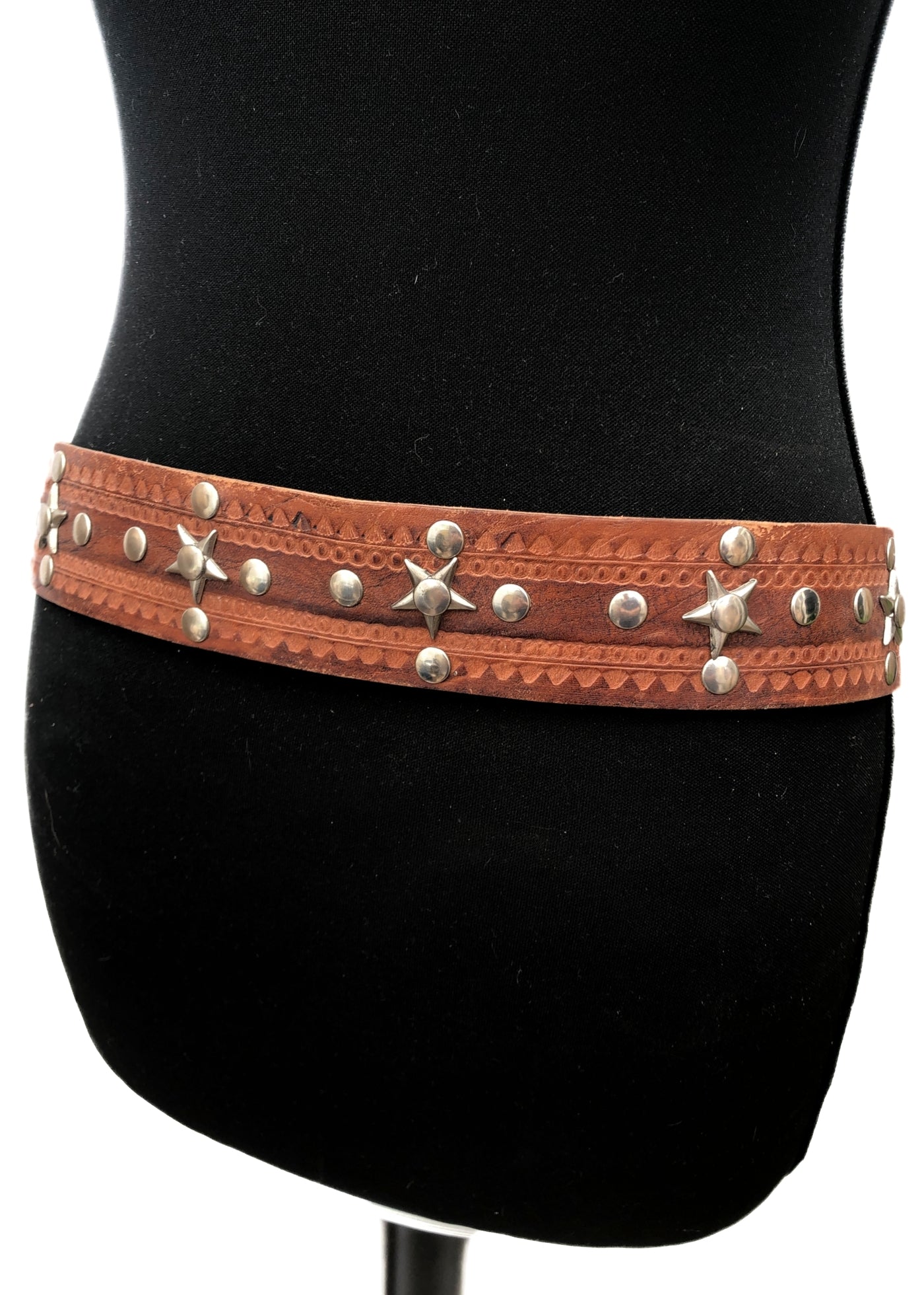 Vintage Brown Leather Belt • Huge Elephant Head Metal Buckle & Star Studs