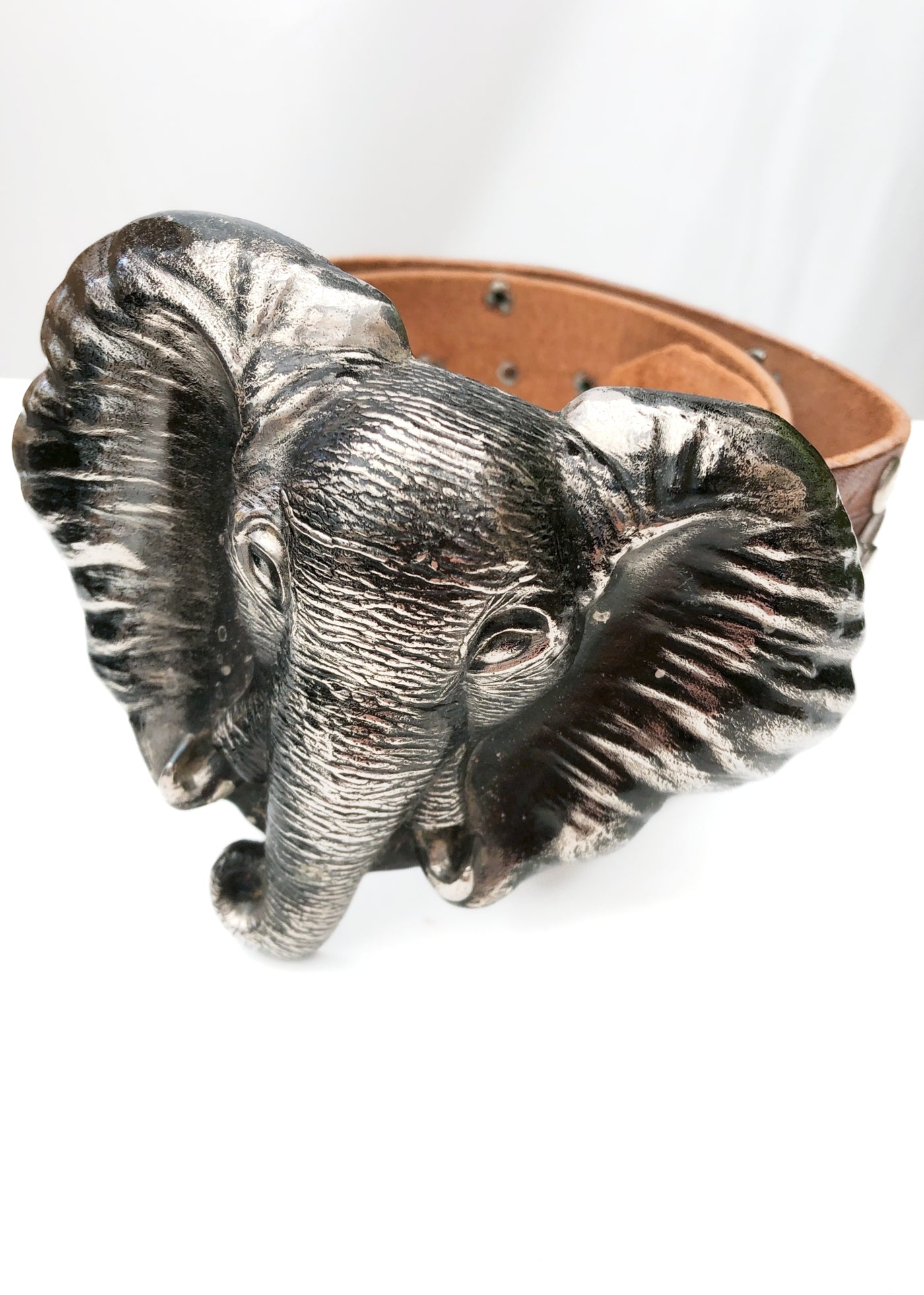 Vintage Brown Leather Belt • Huge Elephant Head Metal Buckle & Star Studs