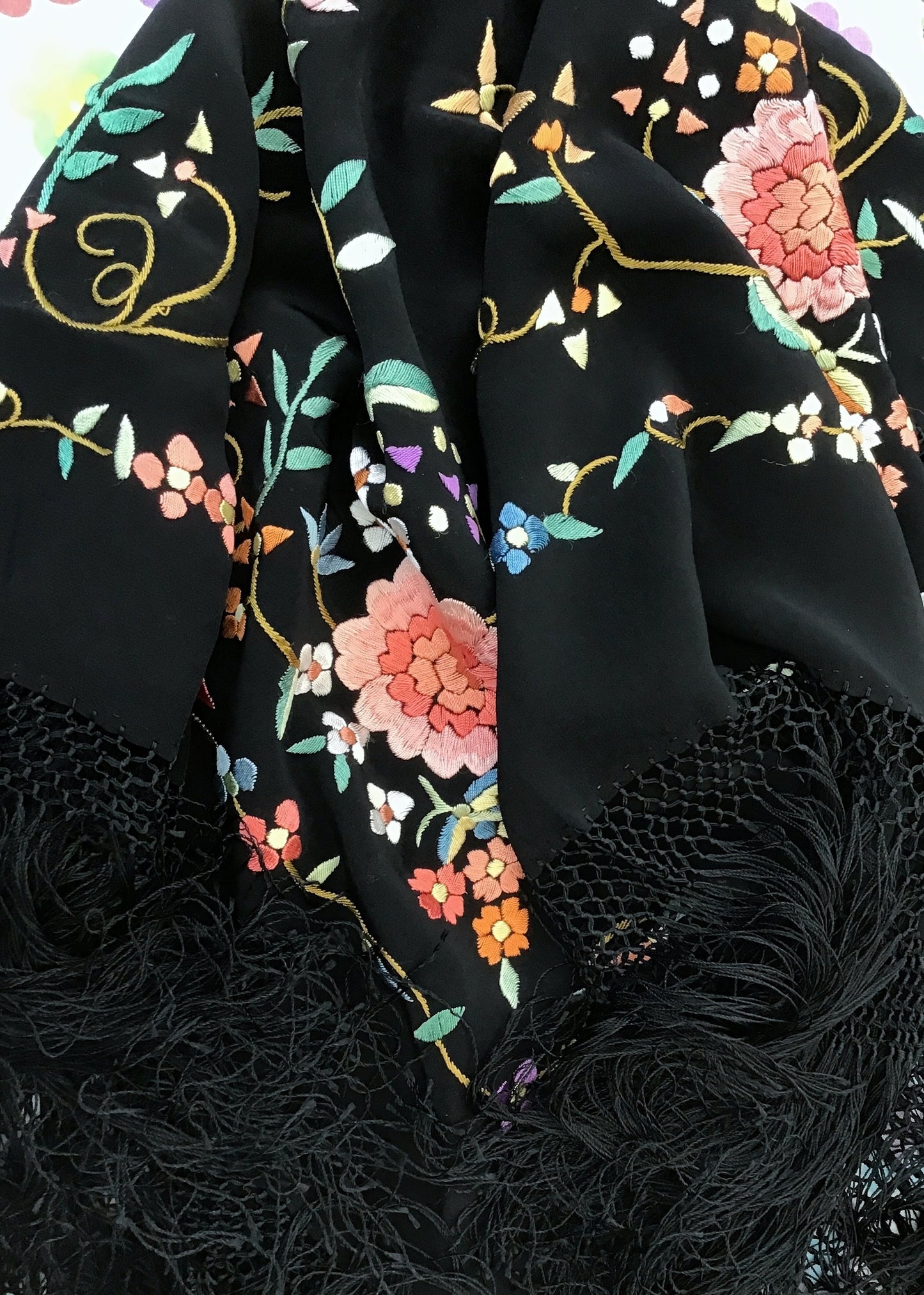 Vintage Embroidered Piano Shawl • Floral on Black • Deep Tied Fringe