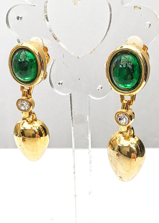 Vintage Emerald Green • Crystal Drop Dangle Earrings •Clips