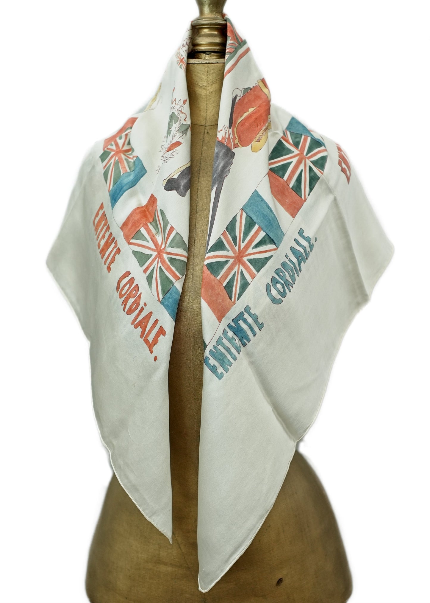 antique silk scarf depicting the entente cordiale, hand painted souvenir scarf