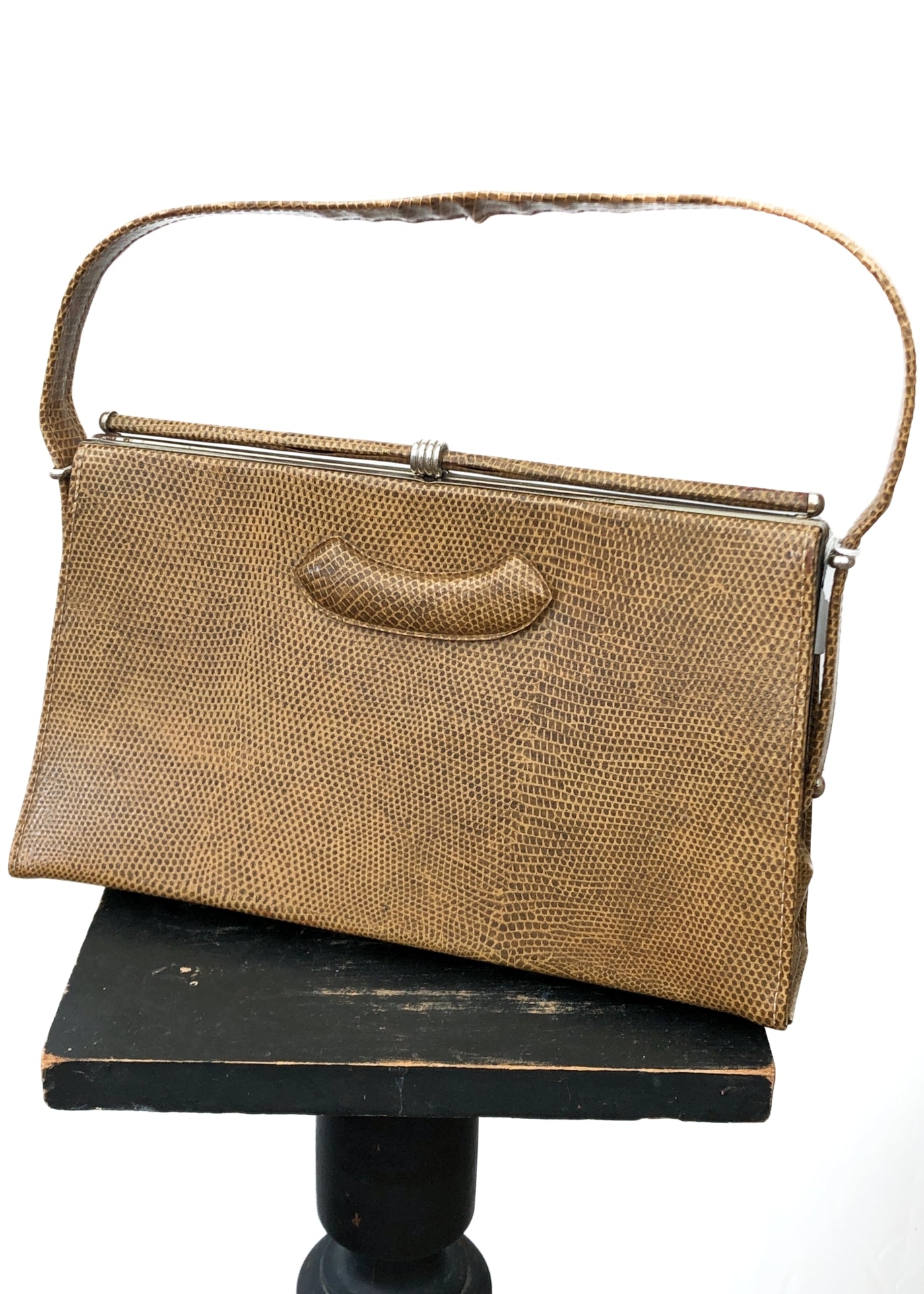 Vintage 60s Faux Lizard Skin Kelly Handbag • Light Tan