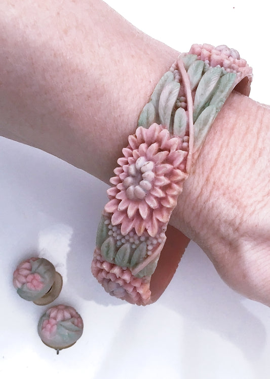 Retro Floral Carved Resin Bangle  • Pink and Green